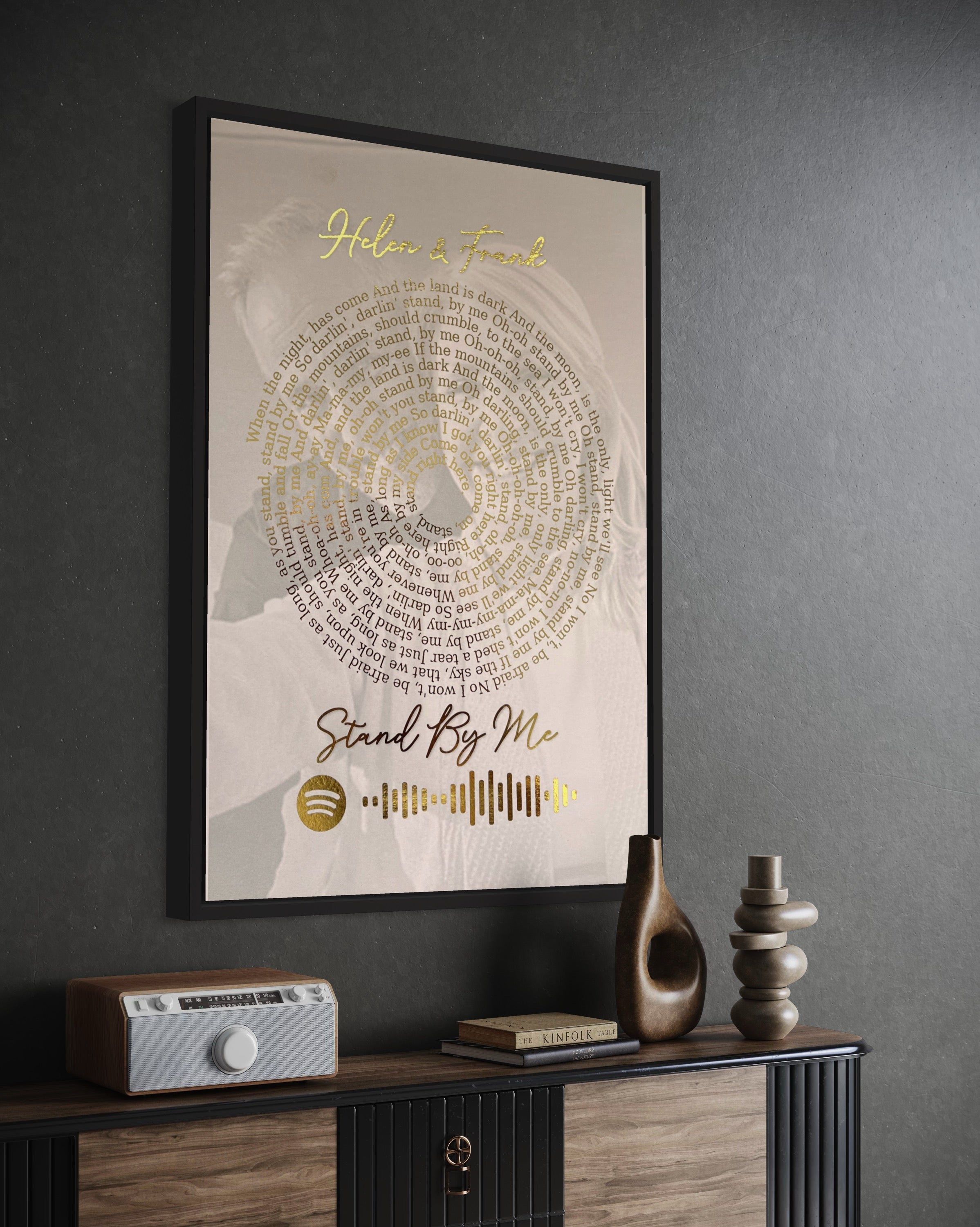 Personalized Spotify Spiral Lyrics & Image Print featuring gold foil lyrics and a background image.