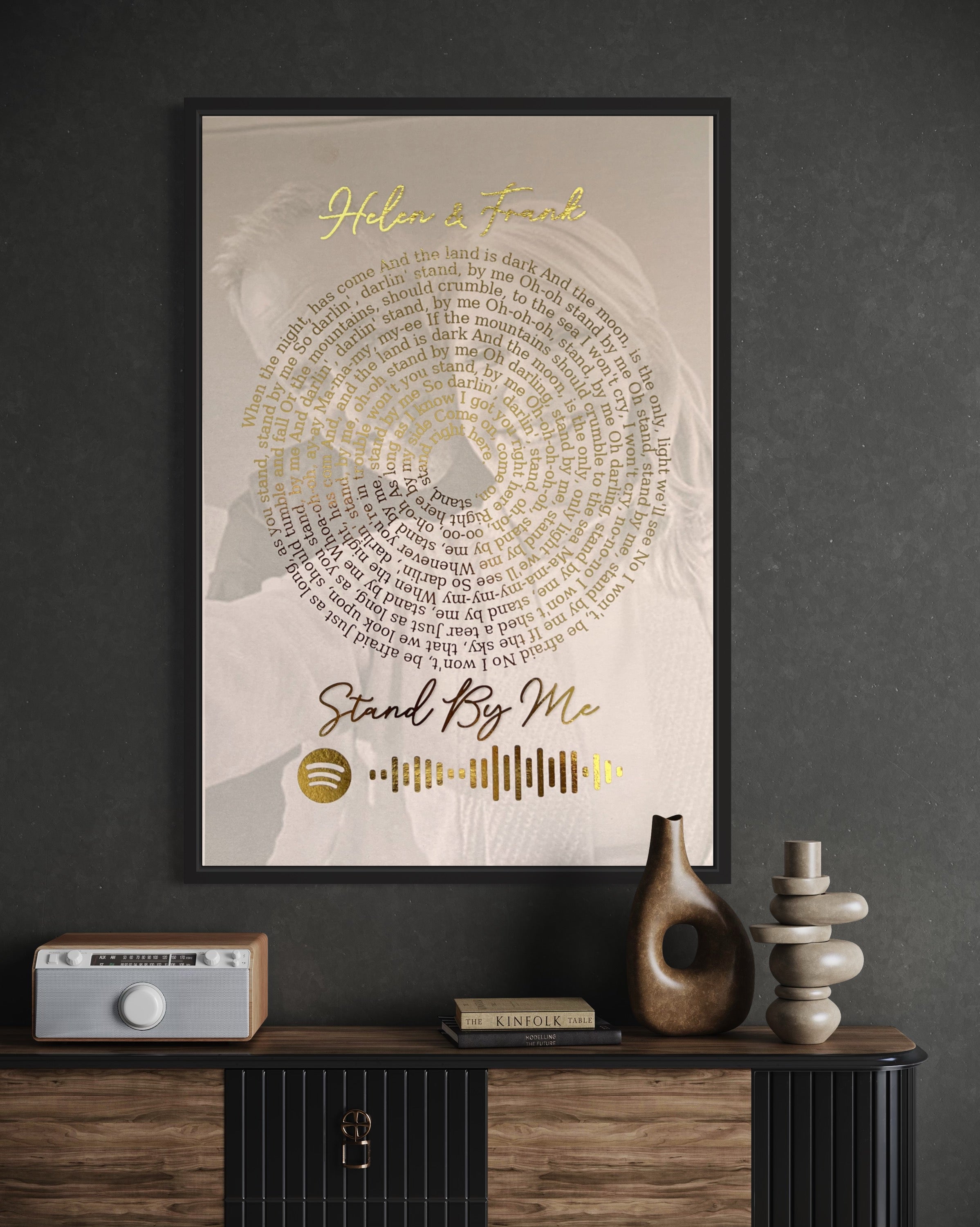 Personalized Spotify Spiral Lyrics & Image Print featuring gold foil lyrics and a background image.