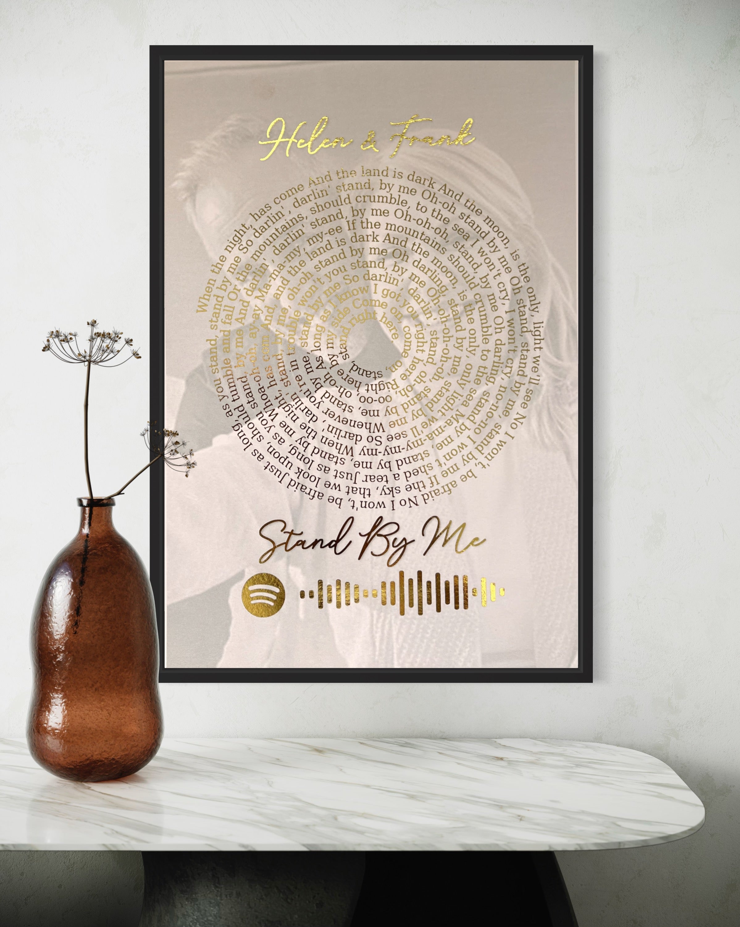 Personalized Spotify Spiral Lyrics & Image Print featuring gold foil lyrics and a background image.