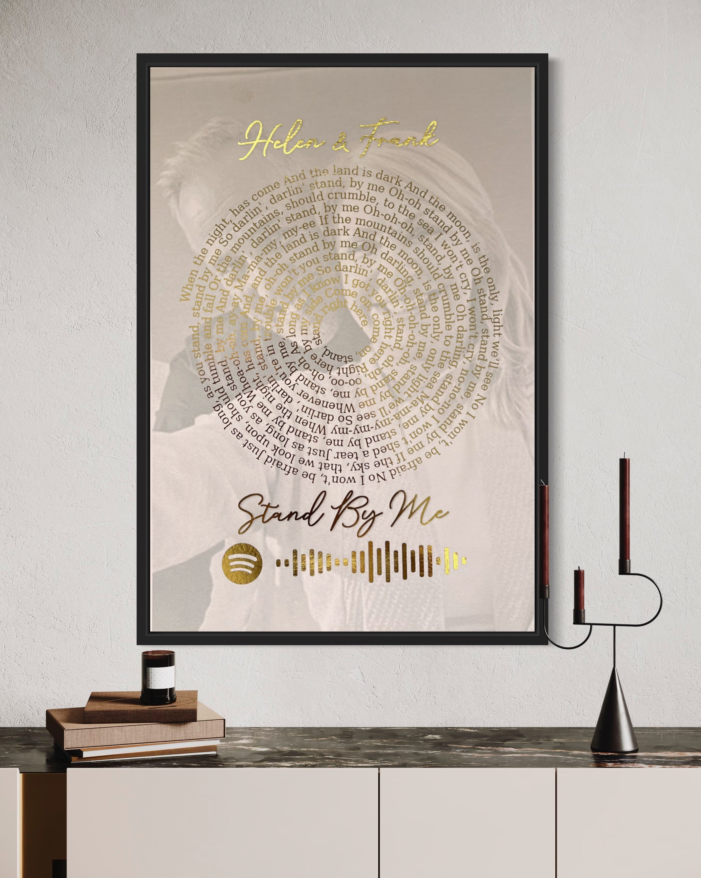 Personalized Spotify Spiral Lyrics & Image Print featuring gold foil lyrics and a background image.