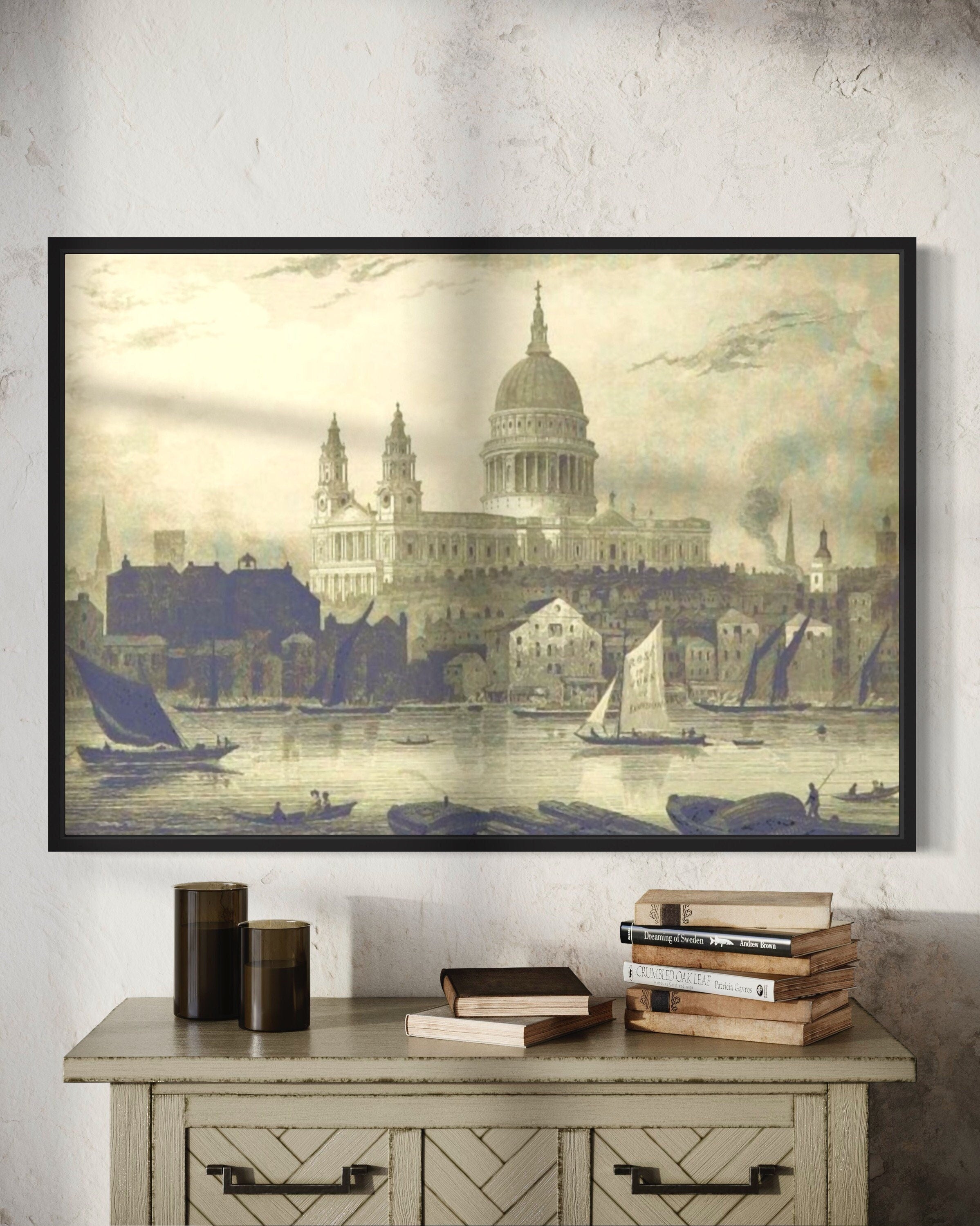 A vintage illustration print of St. Paul's Cathedral alongside the river Thames, featuring traditional boats and intricate architectural details.