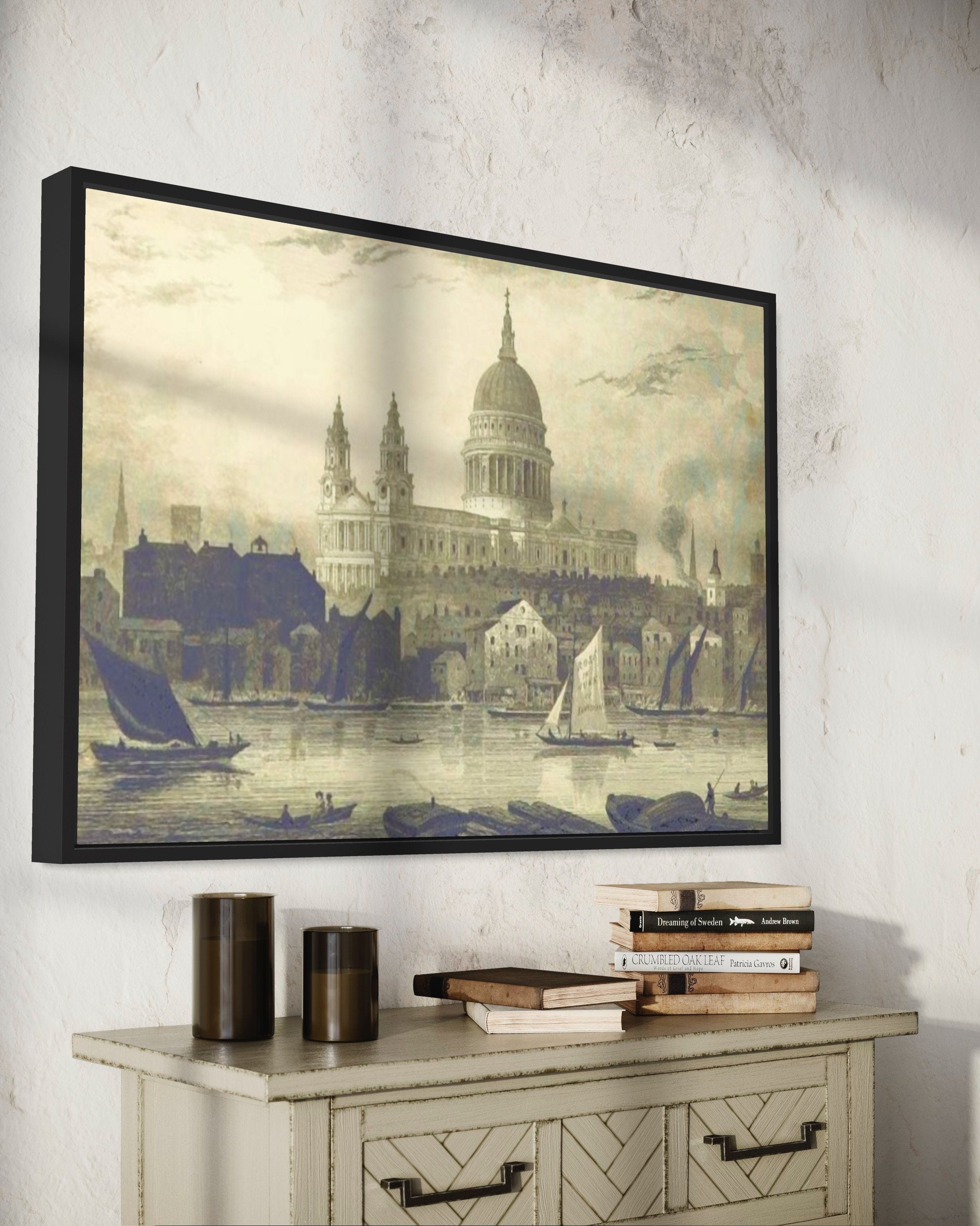 A vintage illustration print of St. Paul's Cathedral alongside the river Thames, featuring traditional boats and intricate architectural details.