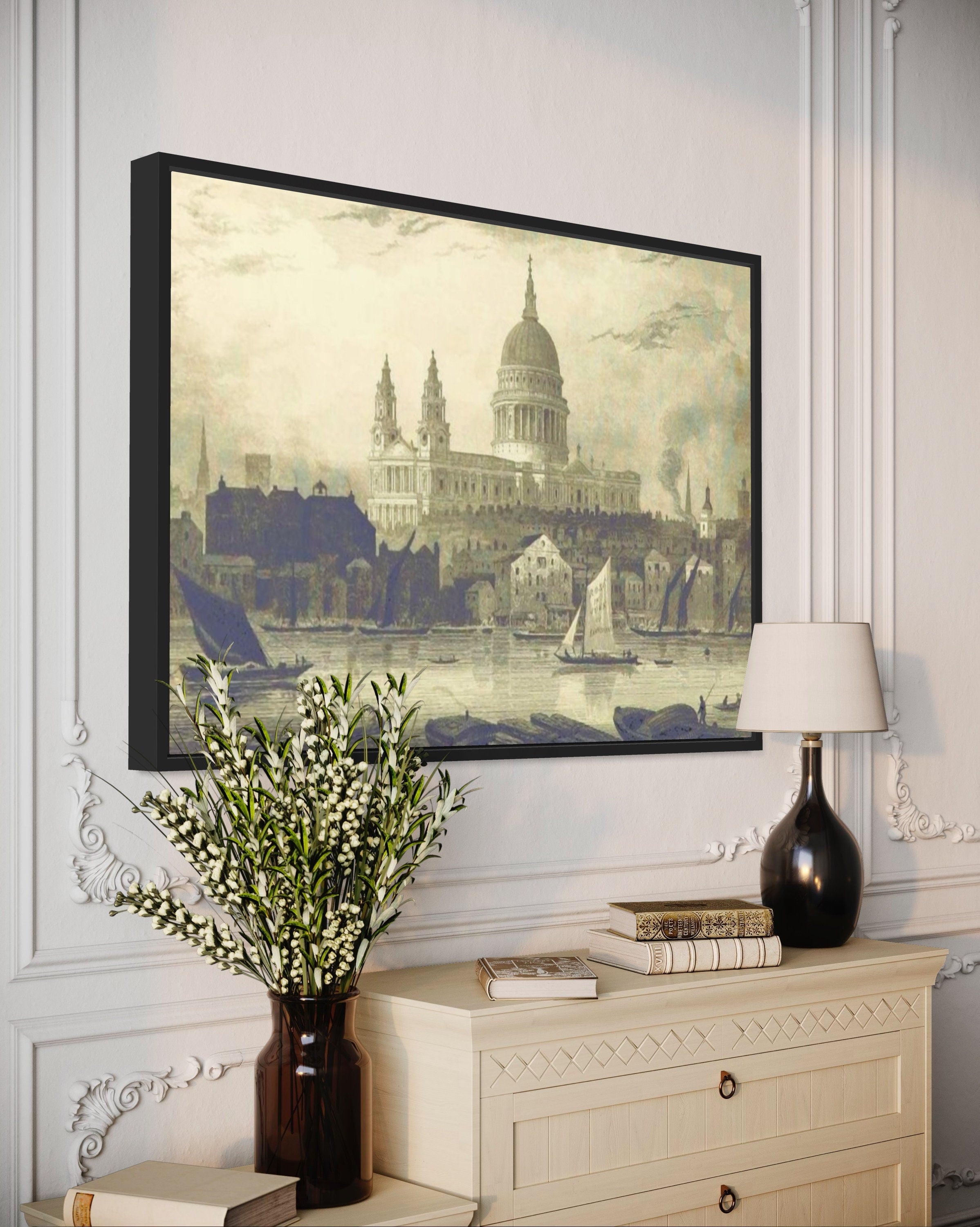 A vintage illustration print of St. Paul's Cathedral alongside the river Thames, featuring traditional boats and intricate architectural details.