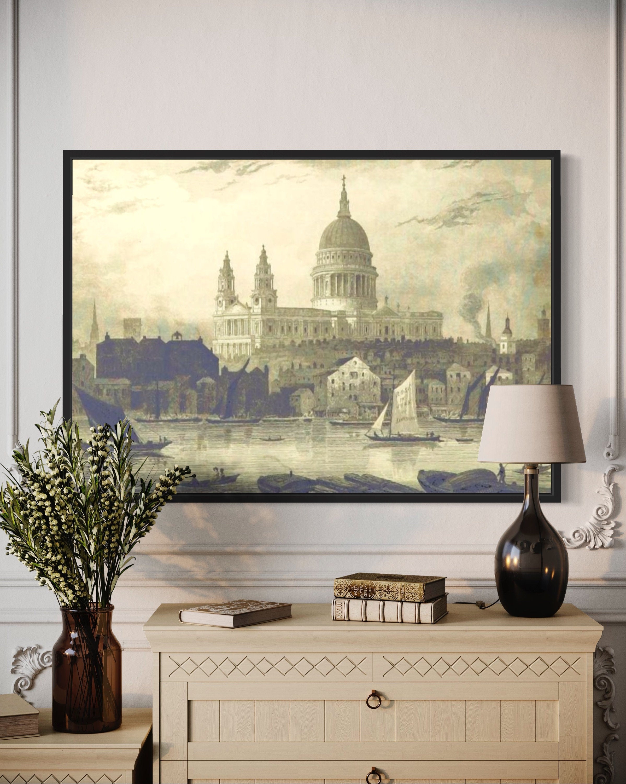 A vintage illustration print of St. Paul's Cathedral alongside the river Thames, featuring traditional boats and intricate architectural details.