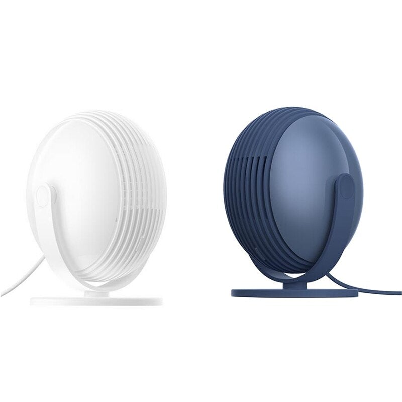 USB Bladeless Fan in blue and white colors, compact design suitable for desktops, featuring no exposed blades for safety.