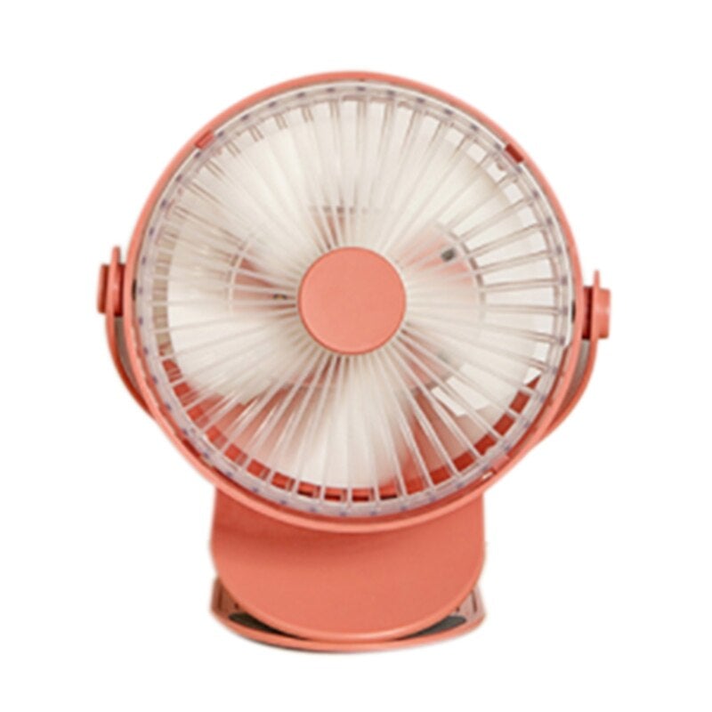 A compact USB rechargeable clip fan in yellow, designed for desktop use, showcasing its adjustable clamp and dual functionality as a fan and atmosphere light.