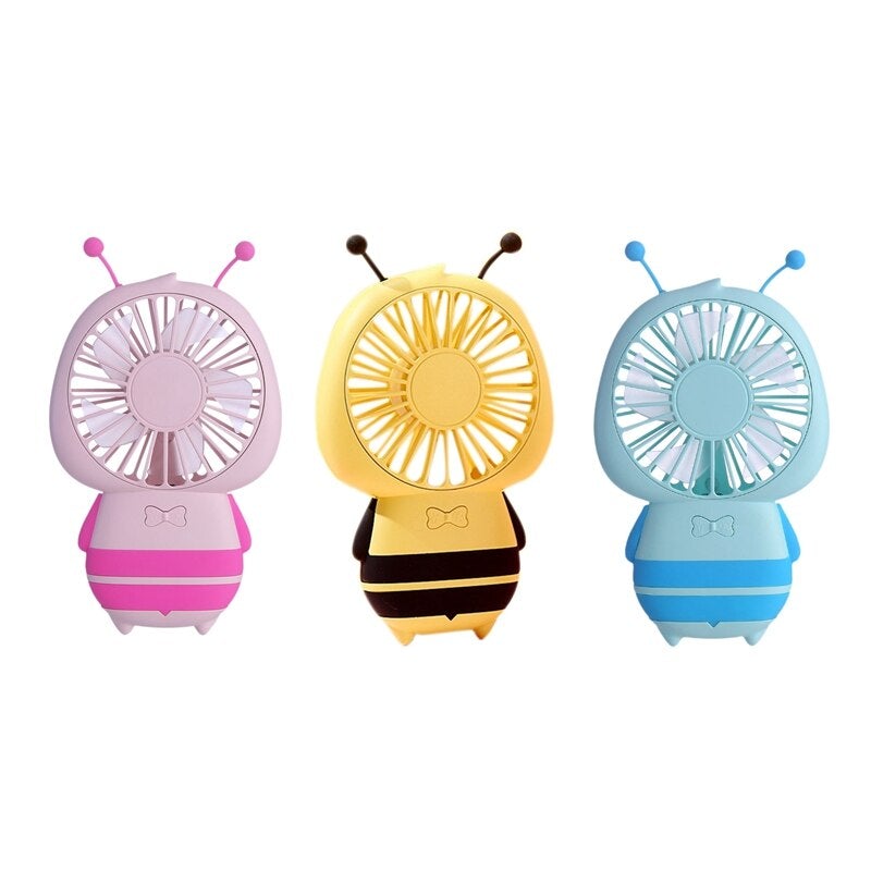 USB Rechargeable Little Bee Mini Fan in vibrant colors, perfect for outdoor sports and activities, showcasing its compact design and USB charging port.