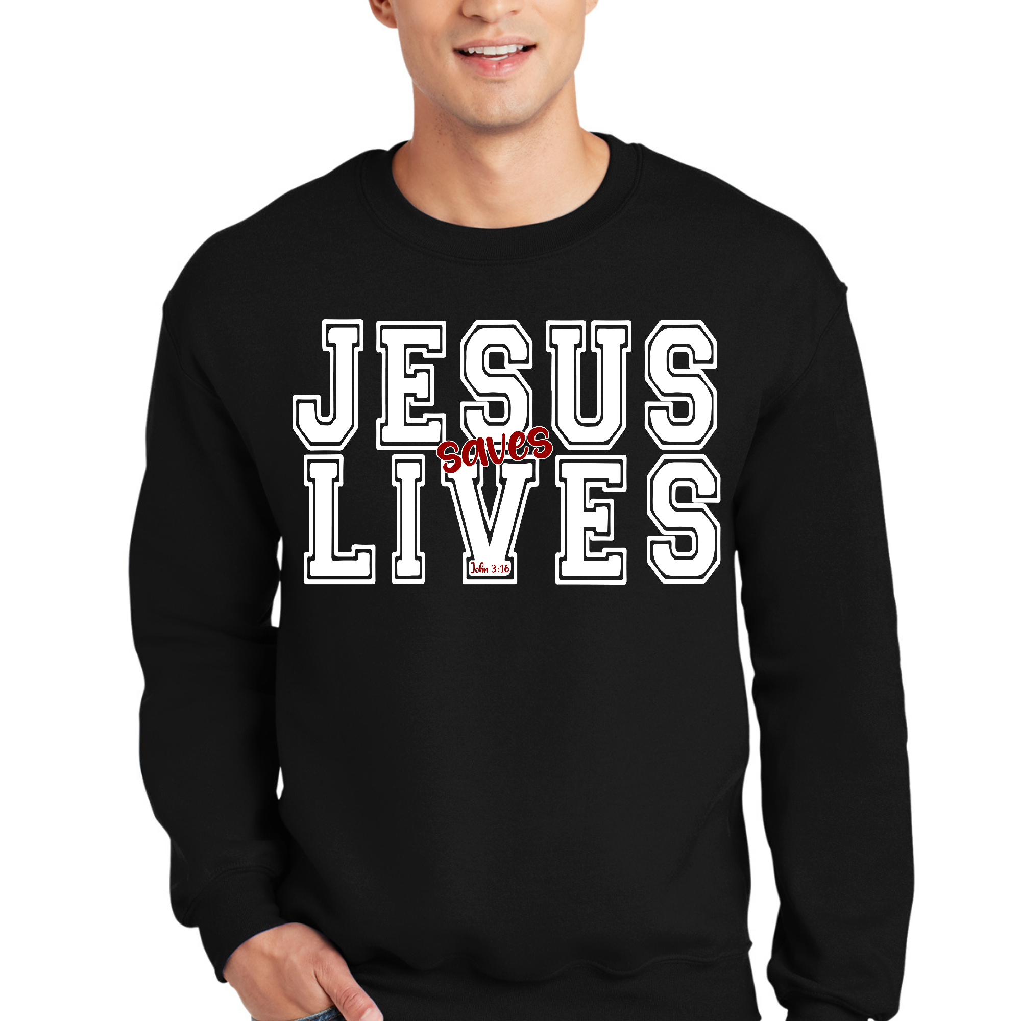 Adult unisex long sleeve sweatshirt featuring 'Jesus Saves Lives' graphic, made from soft and durable fabric.