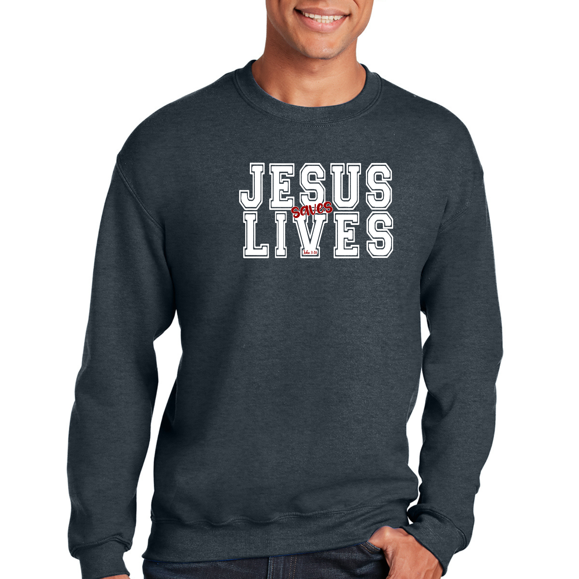 Adult unisex long sleeve sweatshirt featuring 'Jesus Saves Lives' graphic, made from soft and durable fabric.