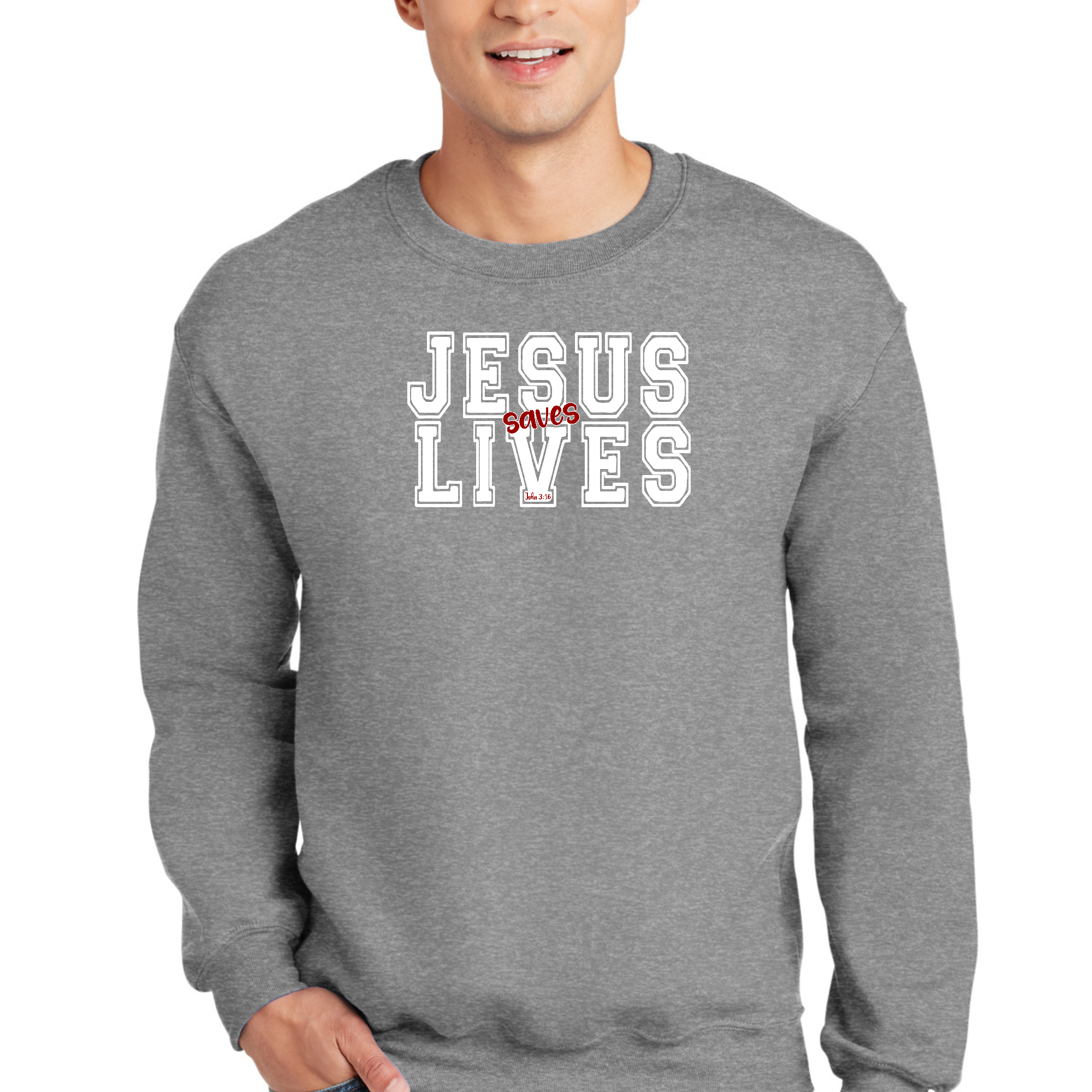 Adult unisex long sleeve sweatshirt featuring 'Jesus Saves Lives' graphic, made from soft and durable fabric.