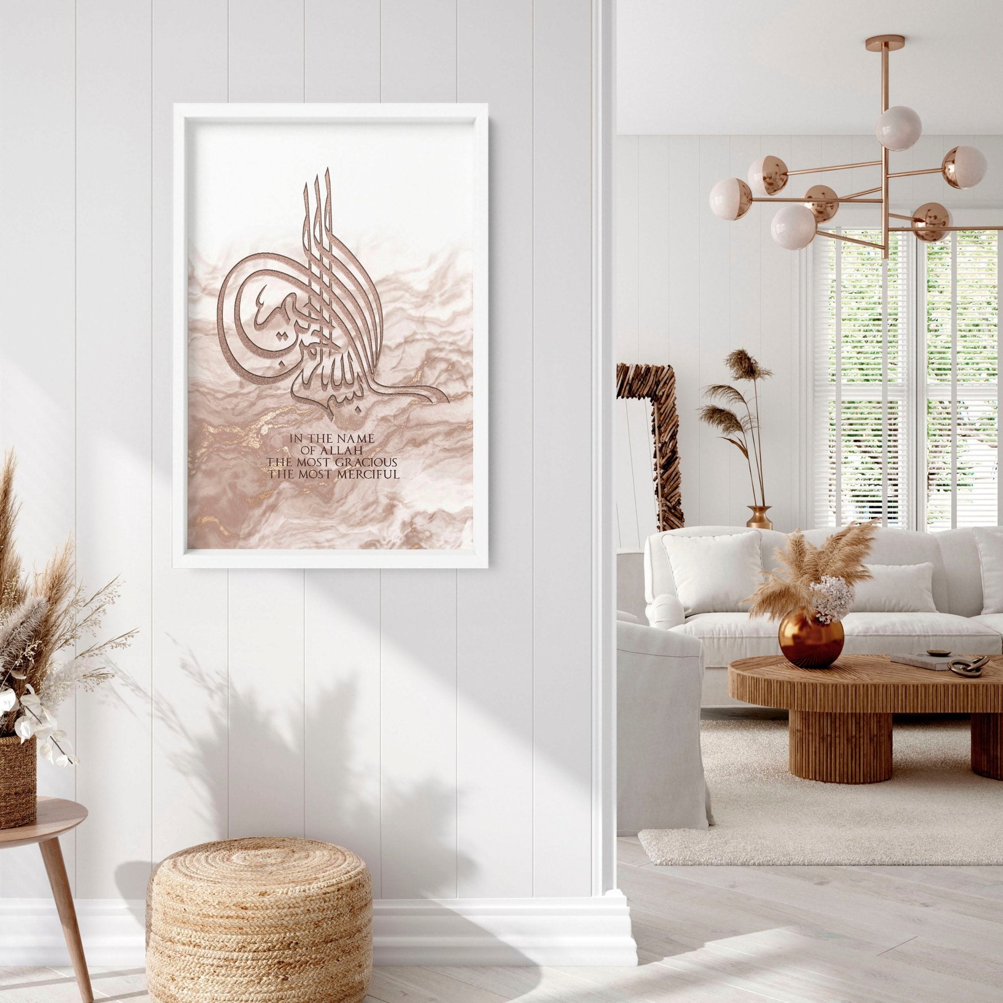 Elegant Arabic wall art print featuring a marble texture background with intricate rose gold accents, perfect for Eid celebrations.