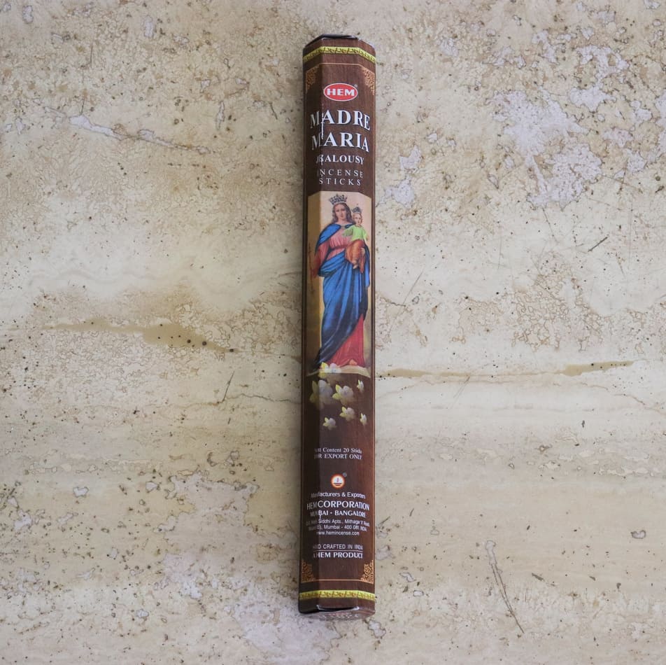 A box of Encens Madre Maria incense sticks by HEM, featuring hand-rolled sticks with a calming aroma, perfect for meditation and relaxation.