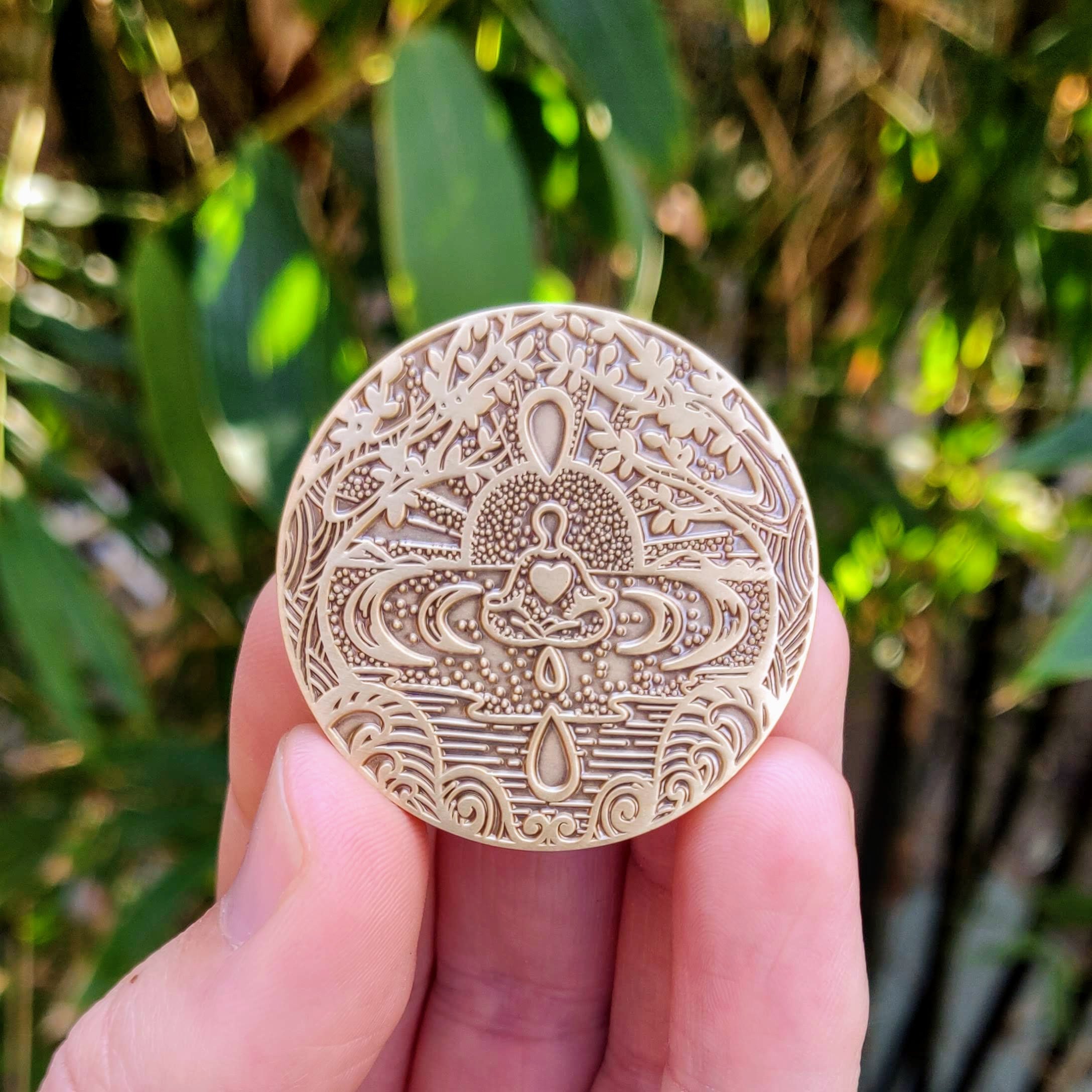 Gold I Am Limitless Mantra Medallion featuring a heart symbol, mindfulness design, and tree of life imagery, representing love and abundance.