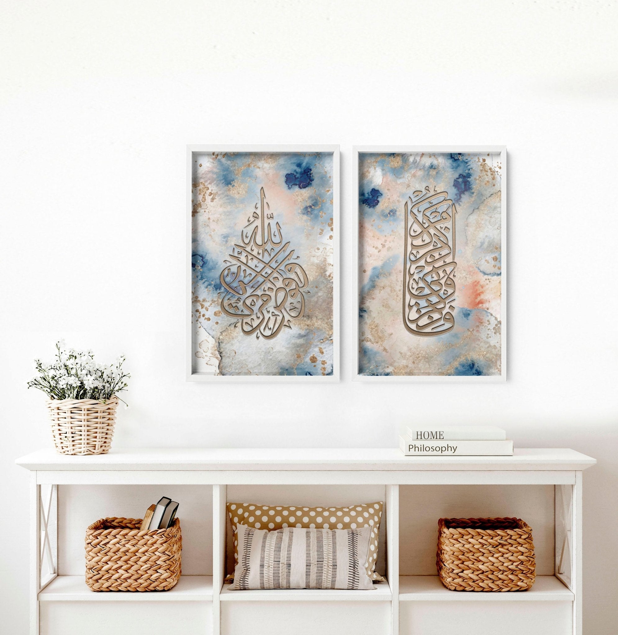 Set of 2 Islamic wall art prints featuring intricate Arabic calligraphy in Peach and Blue colors, perfect for home decoration.