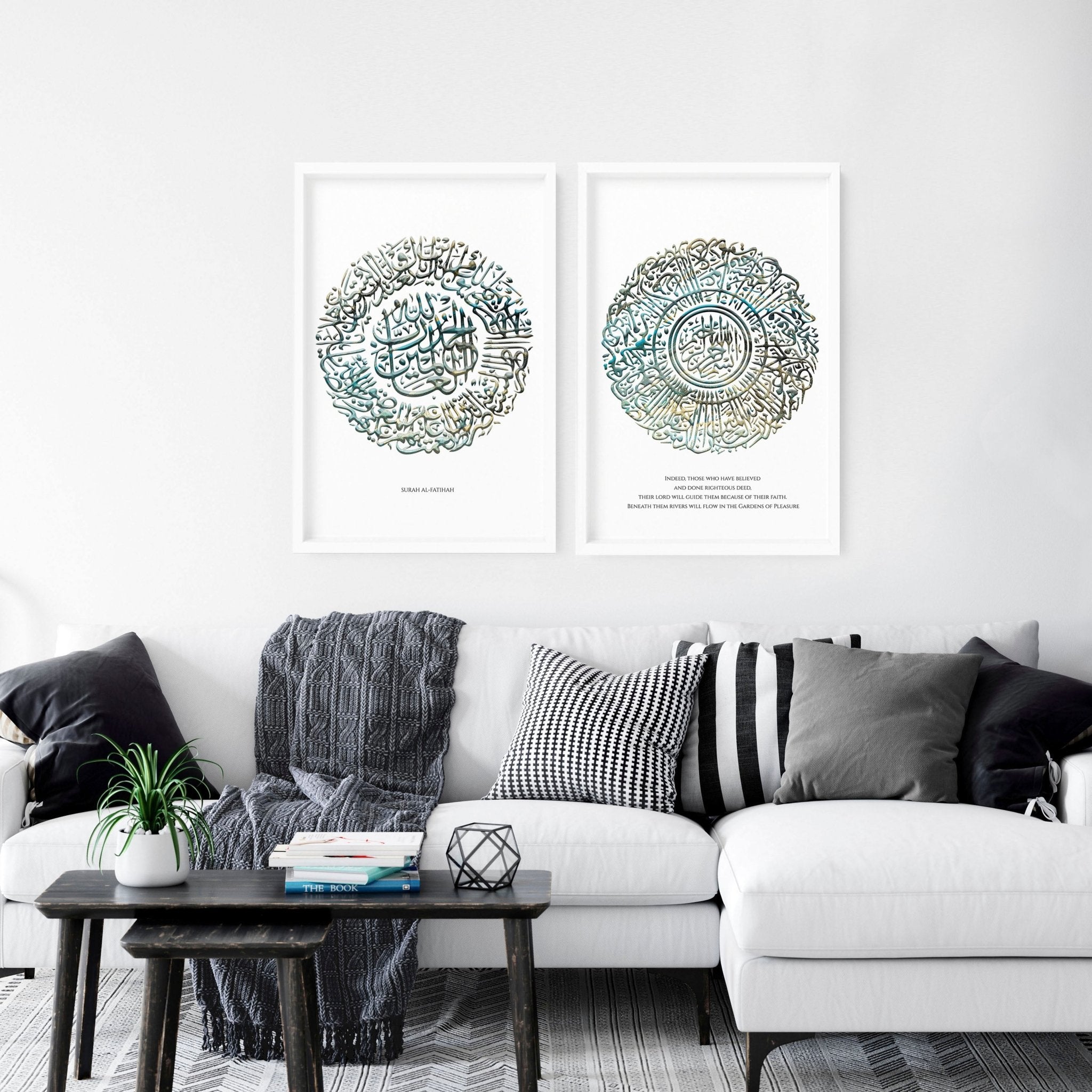 Set of 2 teal Islamic wall art prints featuring intricate calligraphy, perfect for home decoration.