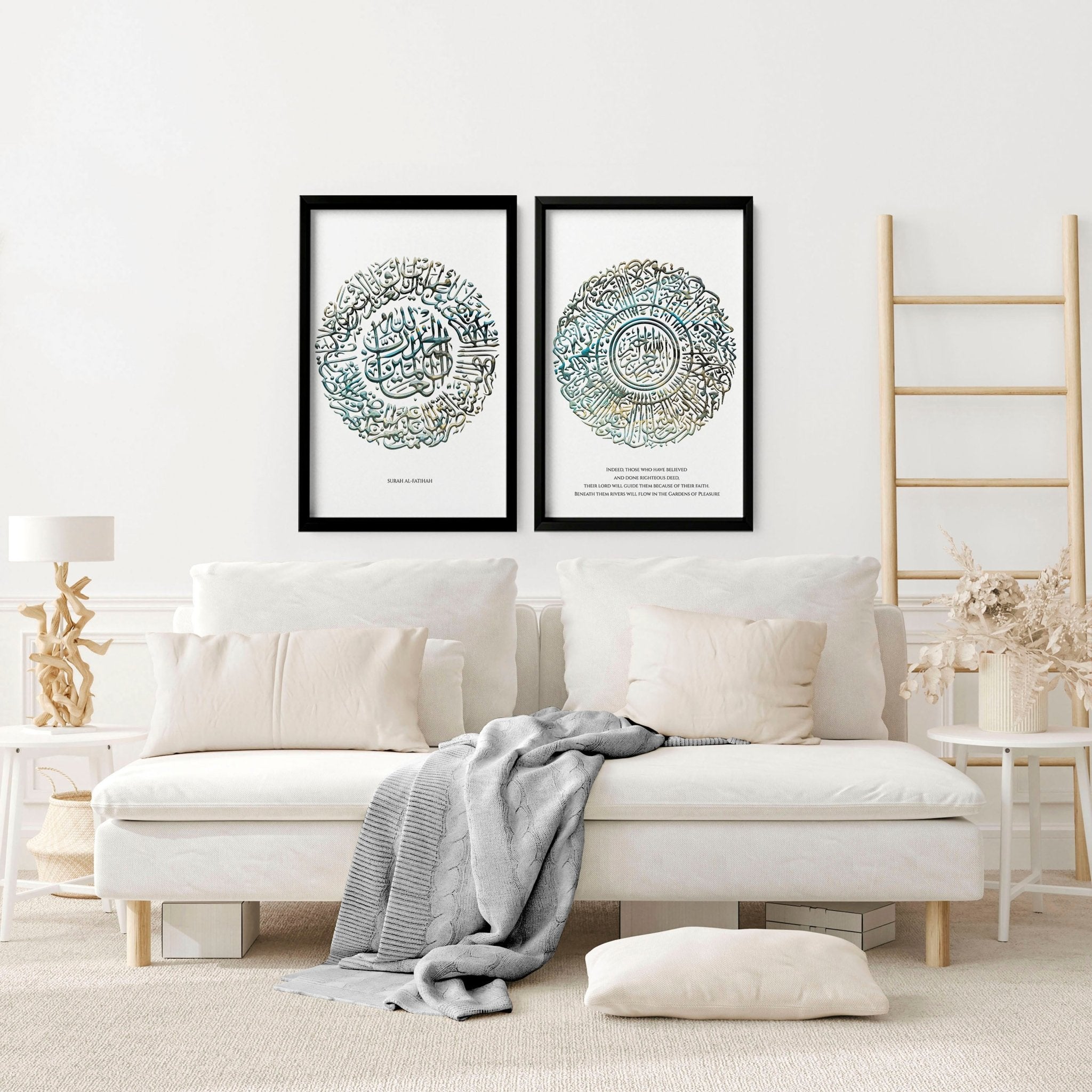 Set of 2 teal Islamic wall art prints featuring intricate calligraphy, perfect for home decoration.