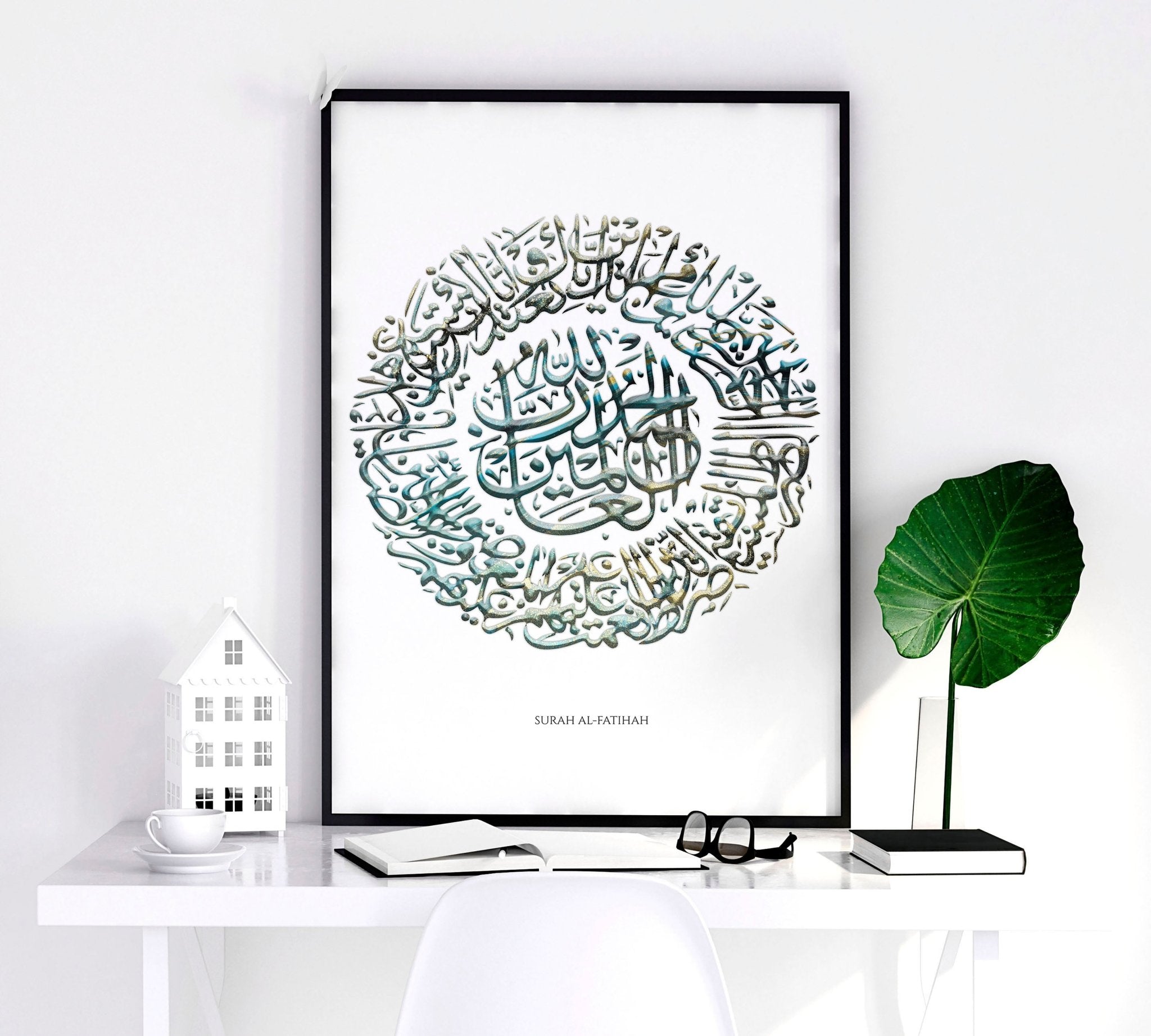 Set of 2 teal Islamic wall art prints featuring intricate calligraphy, perfect for home decoration.