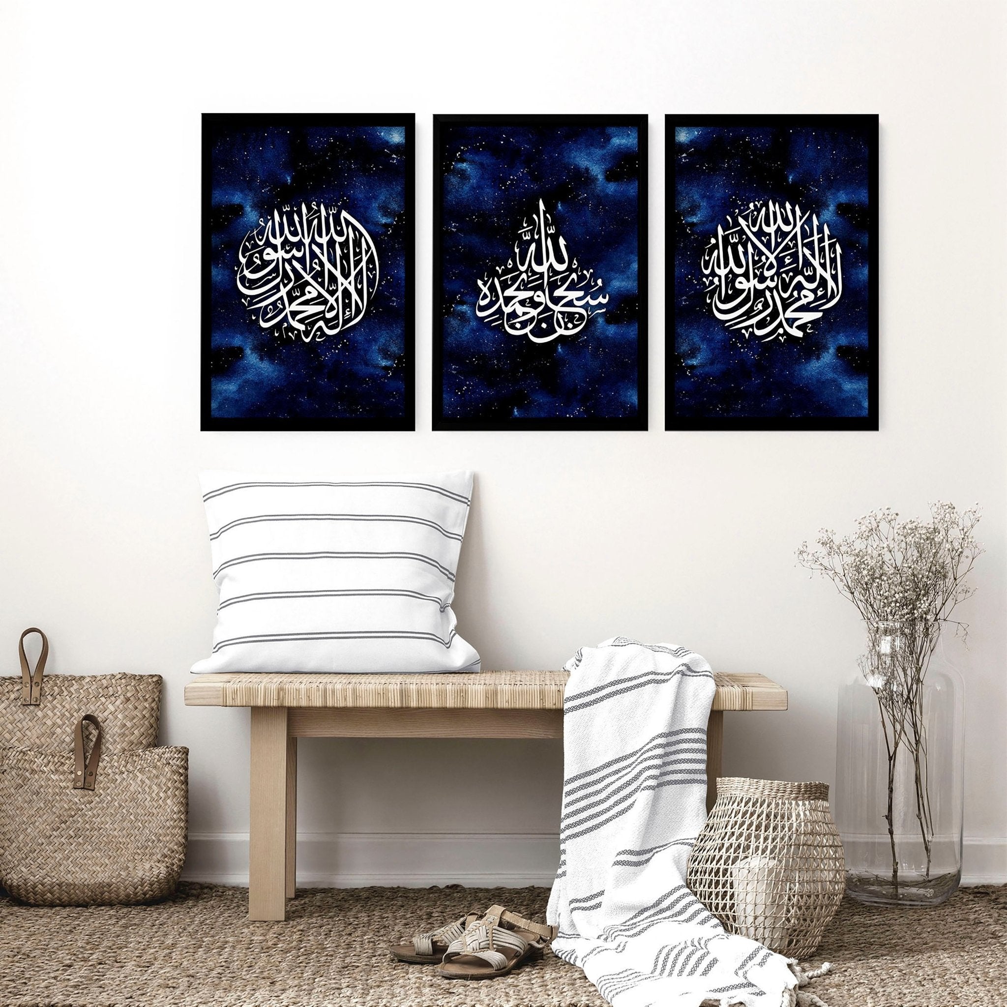 Set of 3 Islamic wall art prints featuring intricate calligraphy in a stunning Night Blue color palette, perfect for home decor.