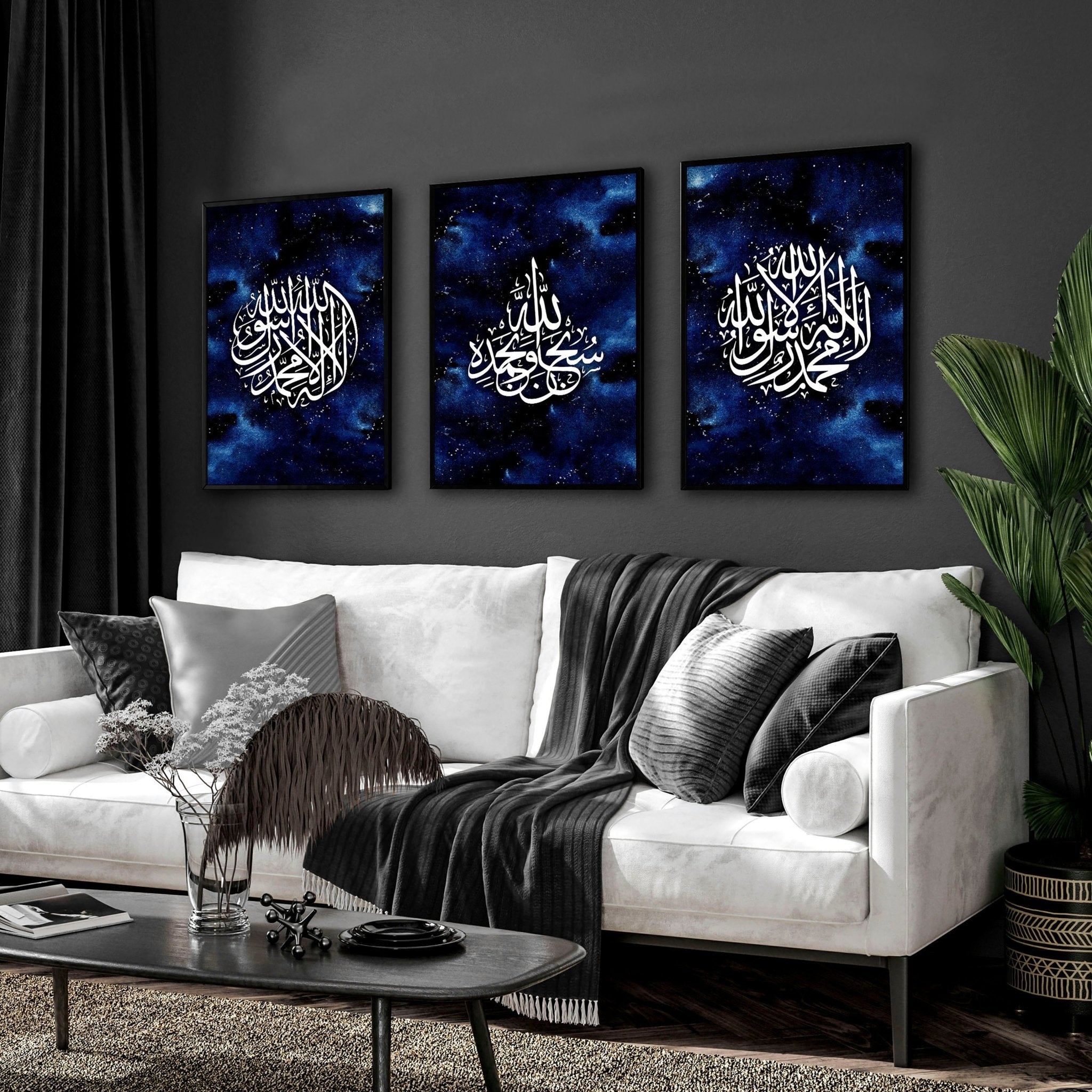 Set of 3 Islamic wall art prints featuring intricate calligraphy in a stunning Night Blue color palette, perfect for home decor.