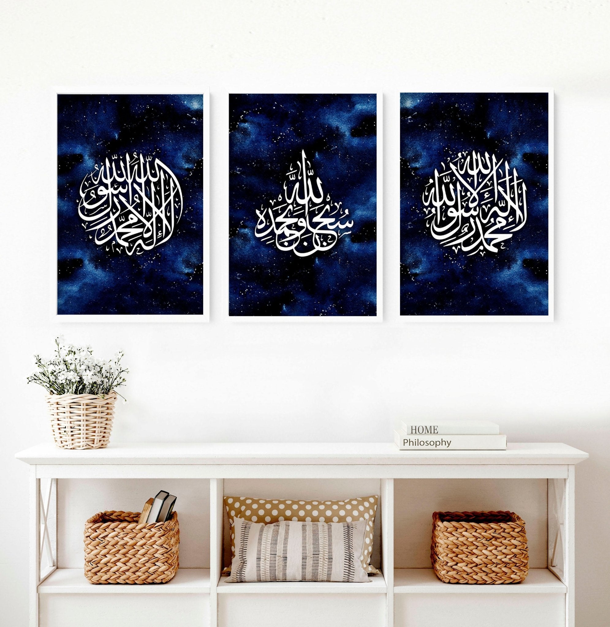 Set of 3 Islamic wall art prints featuring intricate calligraphy in a stunning Night Blue color palette, perfect for home decor.