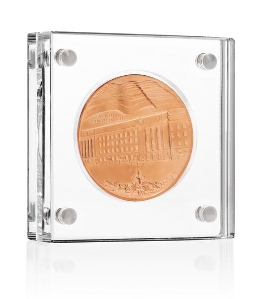 Elegant glass display case for 60mm x 60mm mantra medallions, showcasing its clear design and compact size.