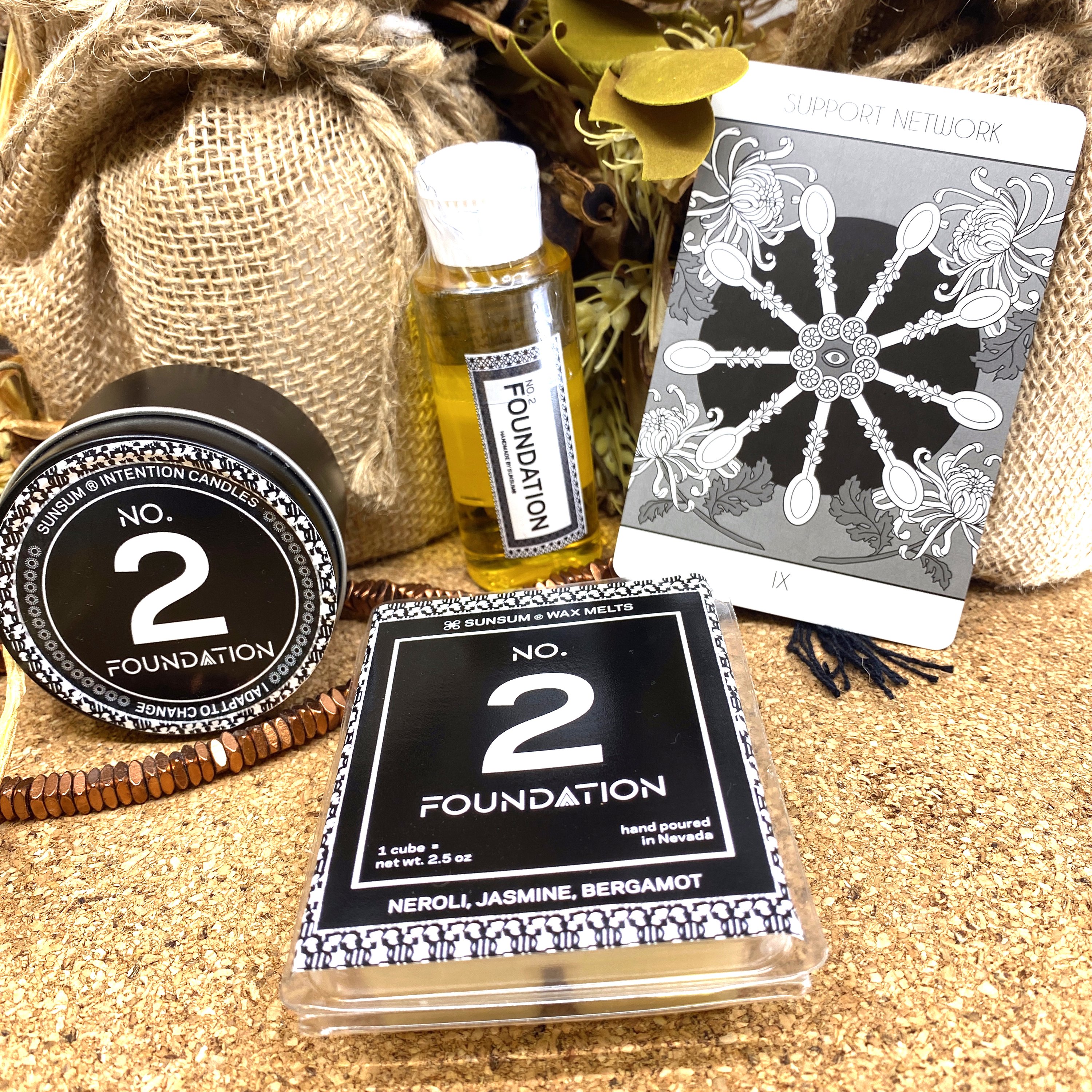 Spirit Number 222 Gift Set featuring handmade candles, body oils, and wax melts with calming aromas of neroli, jasmine, and bergamot.