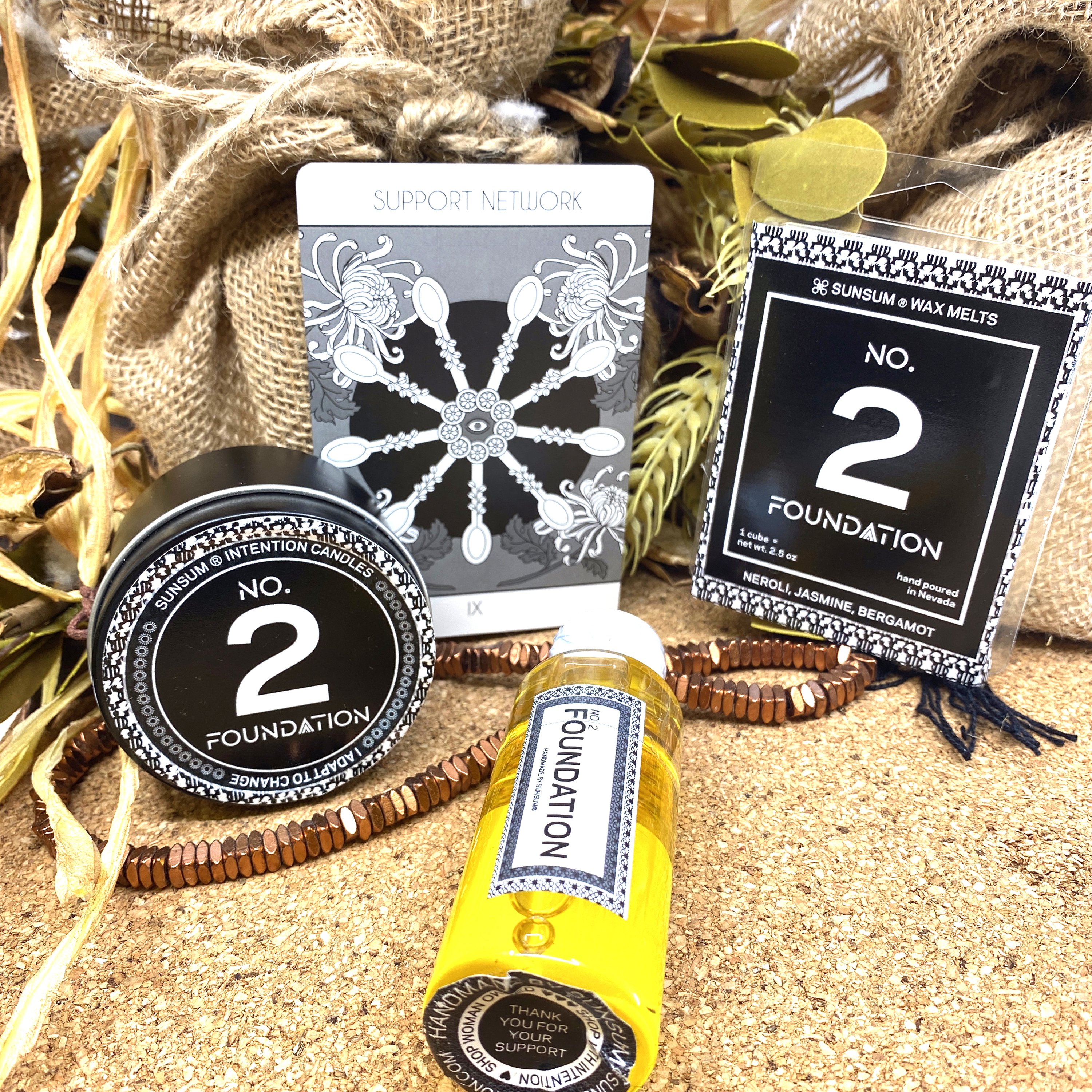 Spirit Number 222 Gift Set featuring handmade candles, body oils, and wax melts with calming aromas of neroli, jasmine, and bergamot.