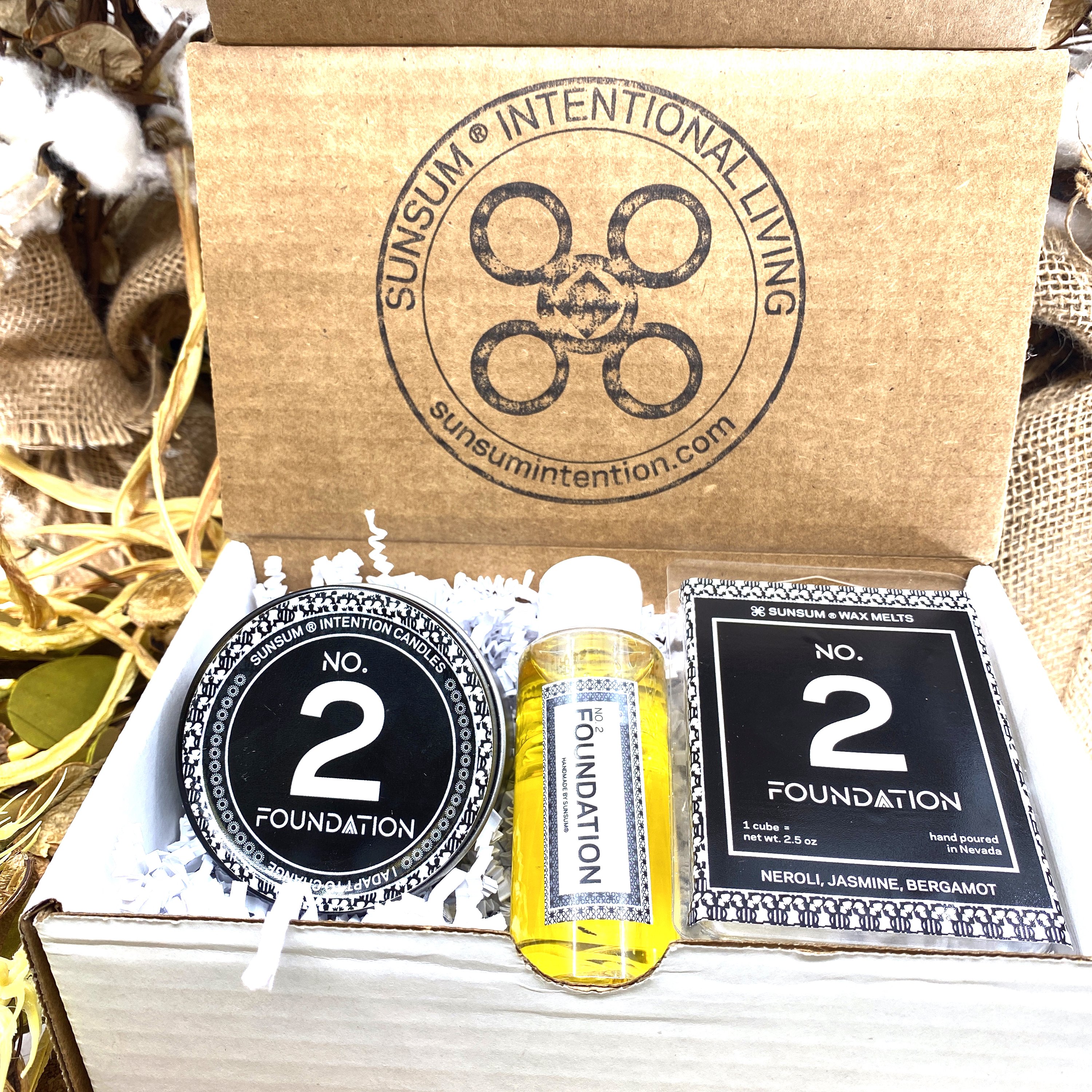 Spirit Number 222 Gift Set featuring handmade candles, body oils, and wax melts with calming aromas of neroli, jasmine, and bergamot.