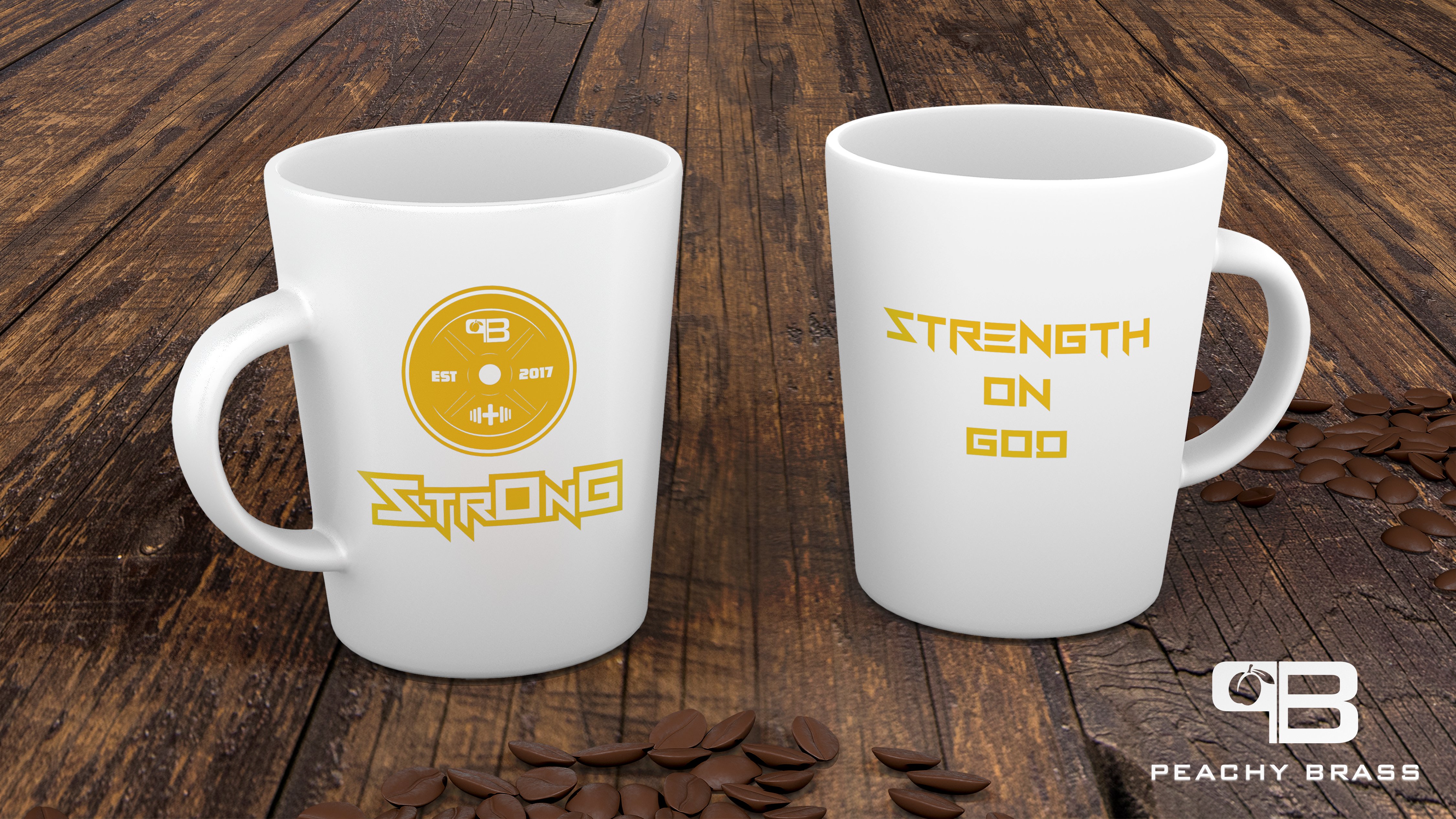 A white glossy ceramic mug with the phrase 'Strength On God' printed on it, showcasing its elegant design and durable construction.