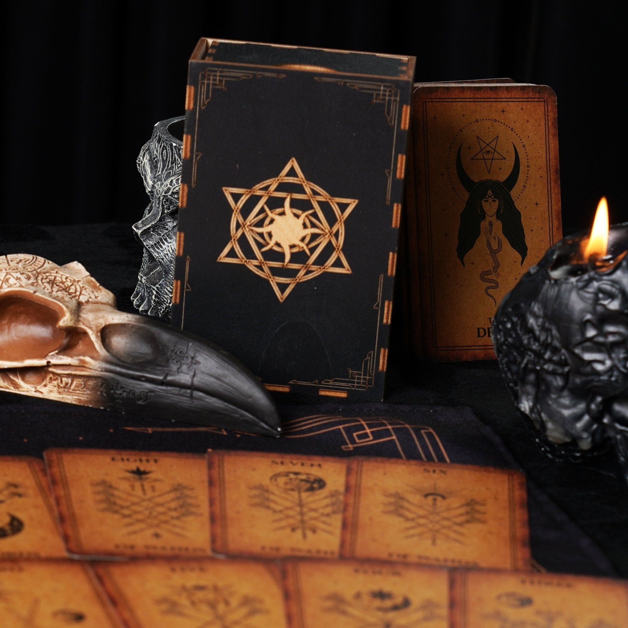 A beautifully crafted wooden box designed for storing tarot cards, featuring a smooth finish and elegant design.