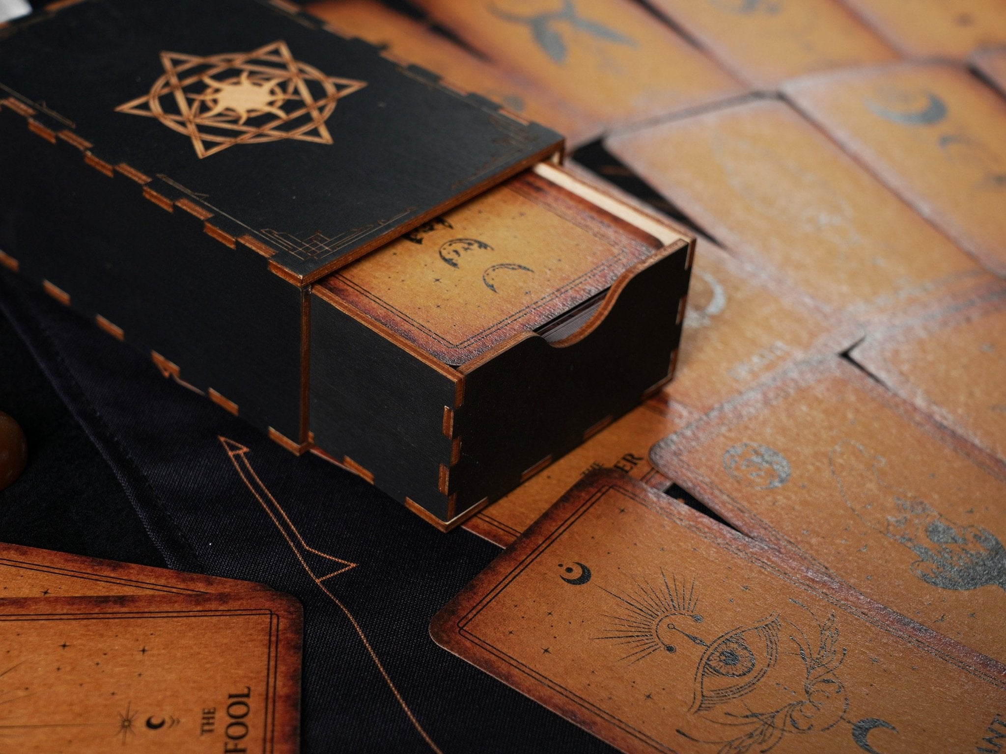 A beautifully crafted wooden box designed for storing tarot cards, featuring a smooth finish and elegant design.