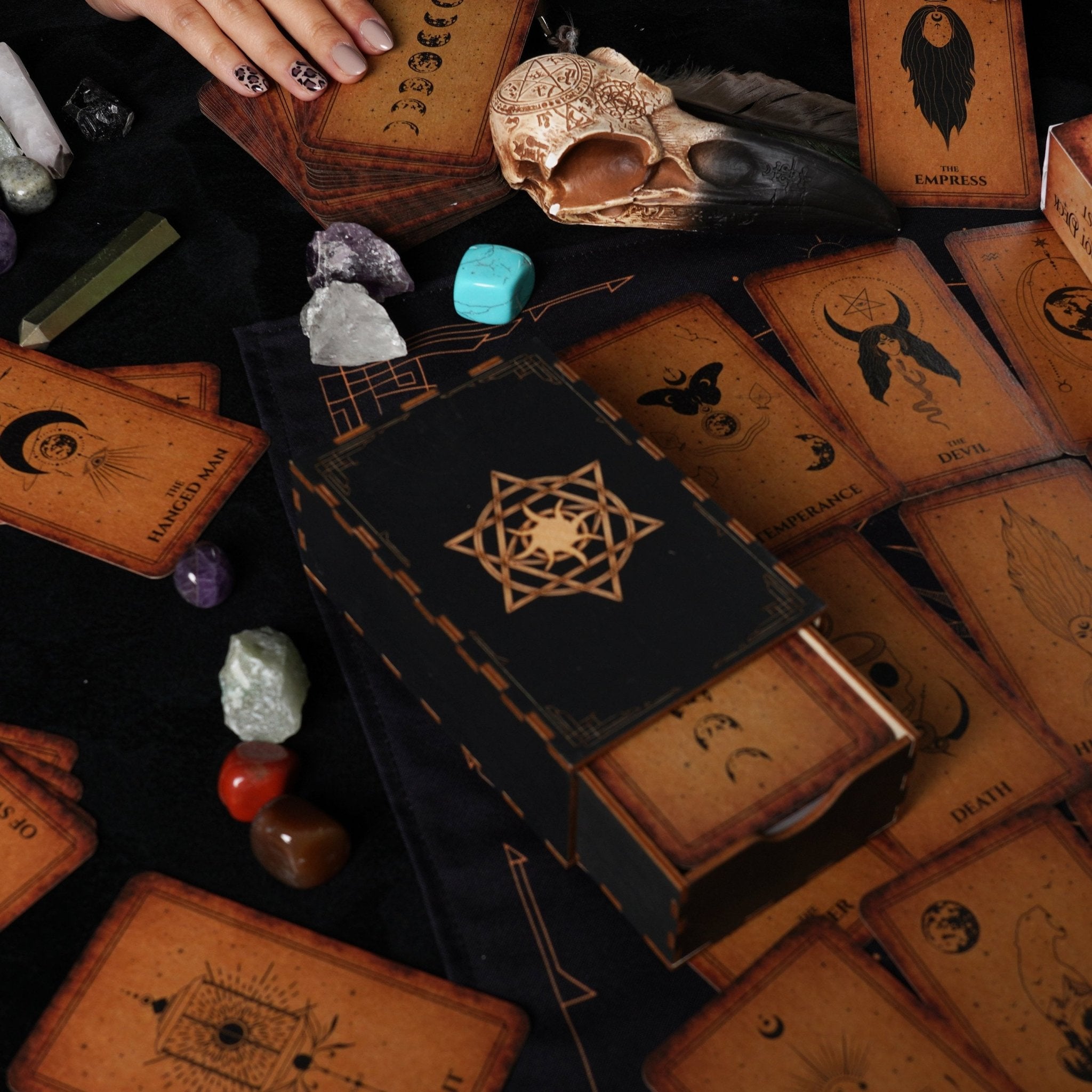 A beautifully crafted wooden box designed for storing tarot cards, featuring a smooth finish and elegant design.