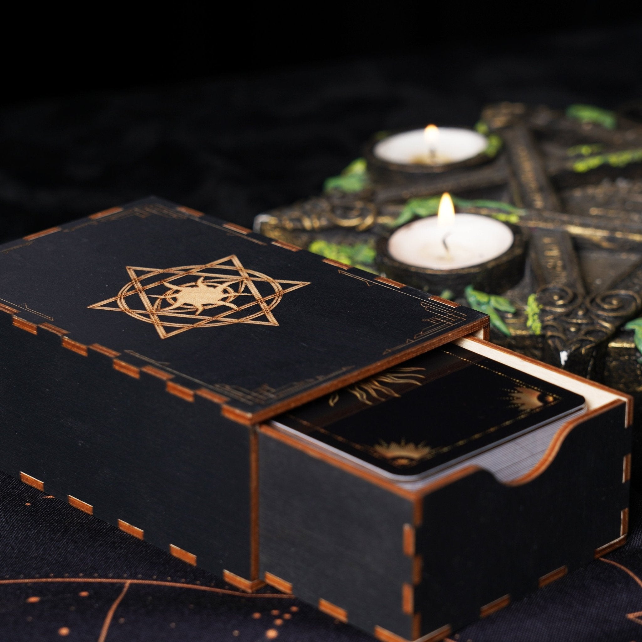 A beautifully crafted wooden box designed for storing tarot cards, featuring a smooth finish and elegant design.