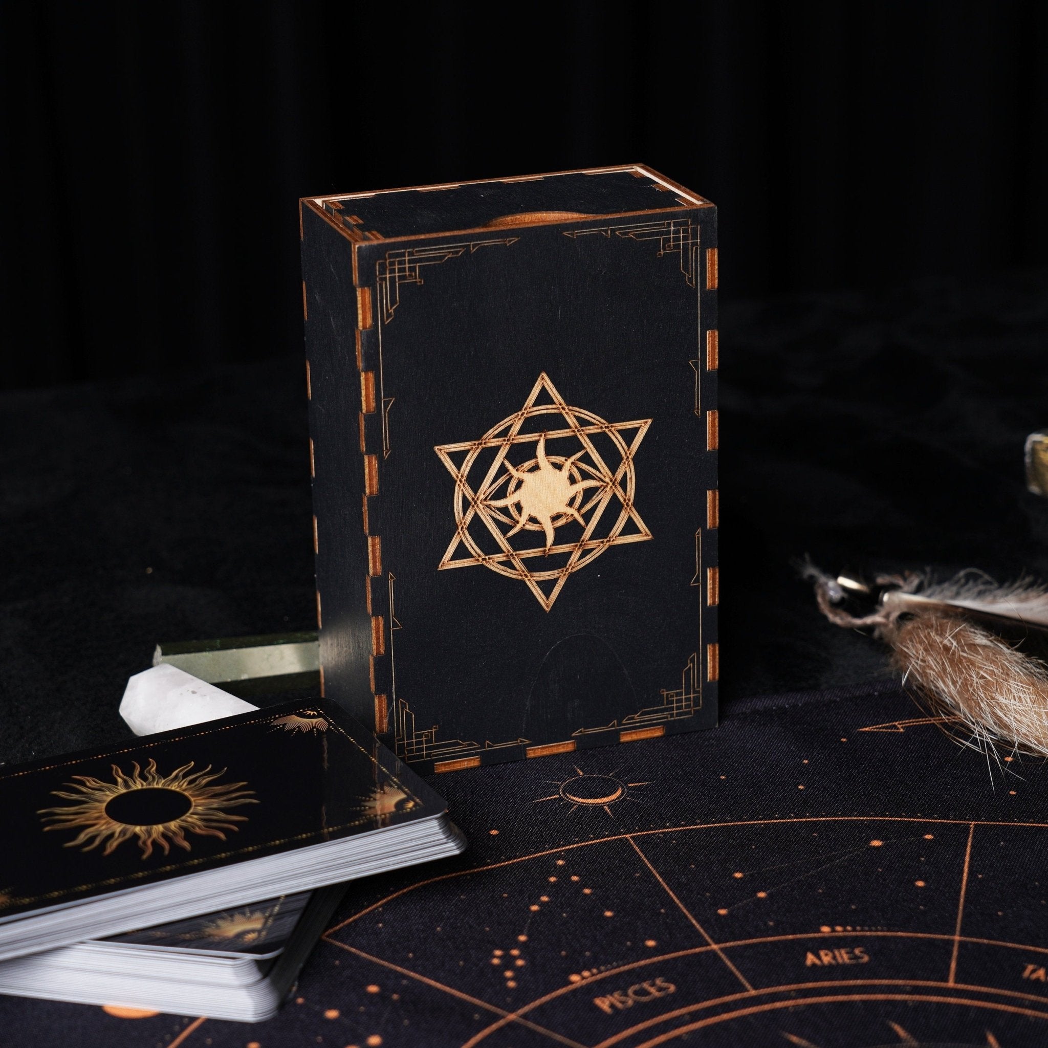 A beautifully crafted wooden box designed for storing tarot cards, featuring a smooth finish and elegant design.