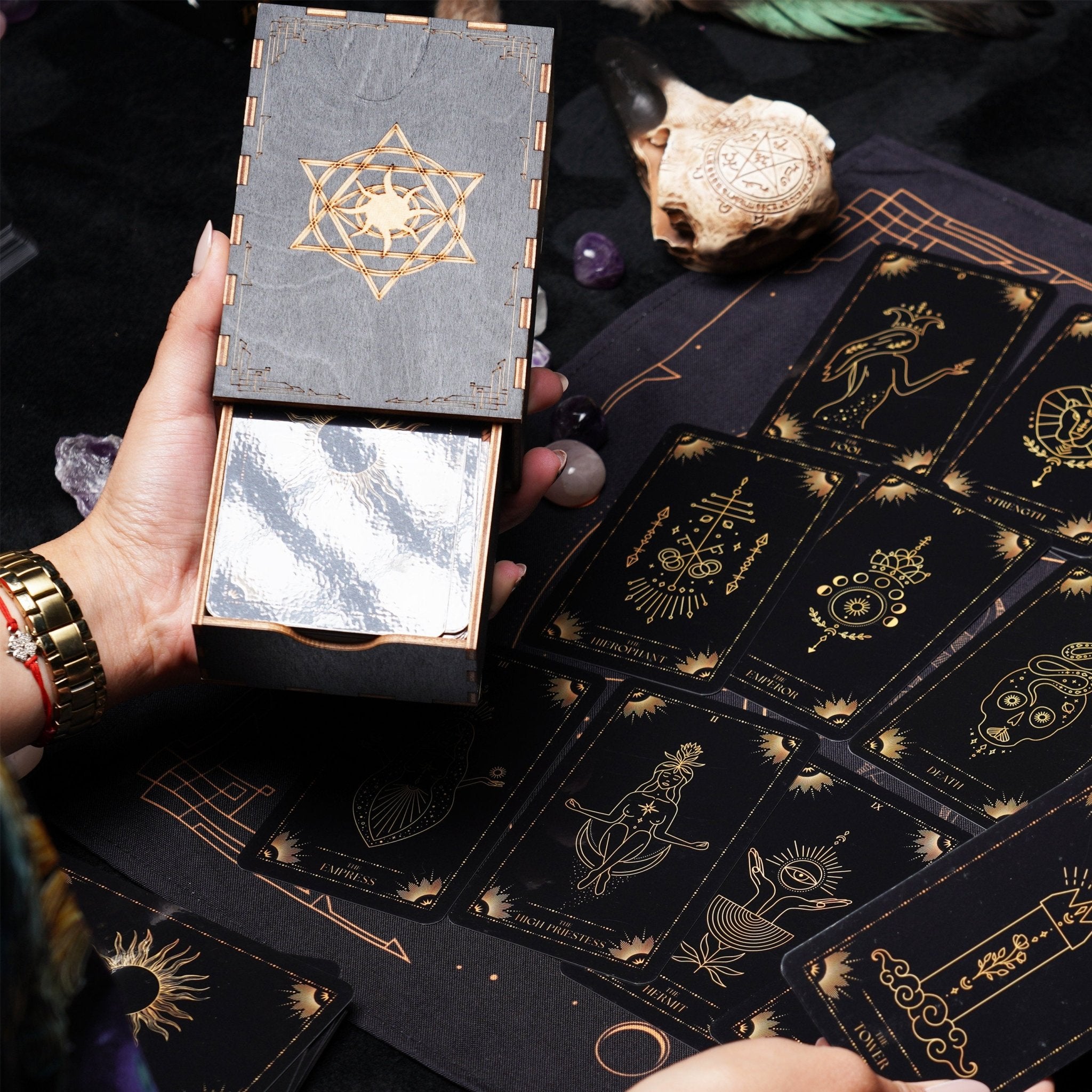 A beautifully crafted wooden box designed for storing tarot cards, featuring a smooth finish and elegant design.