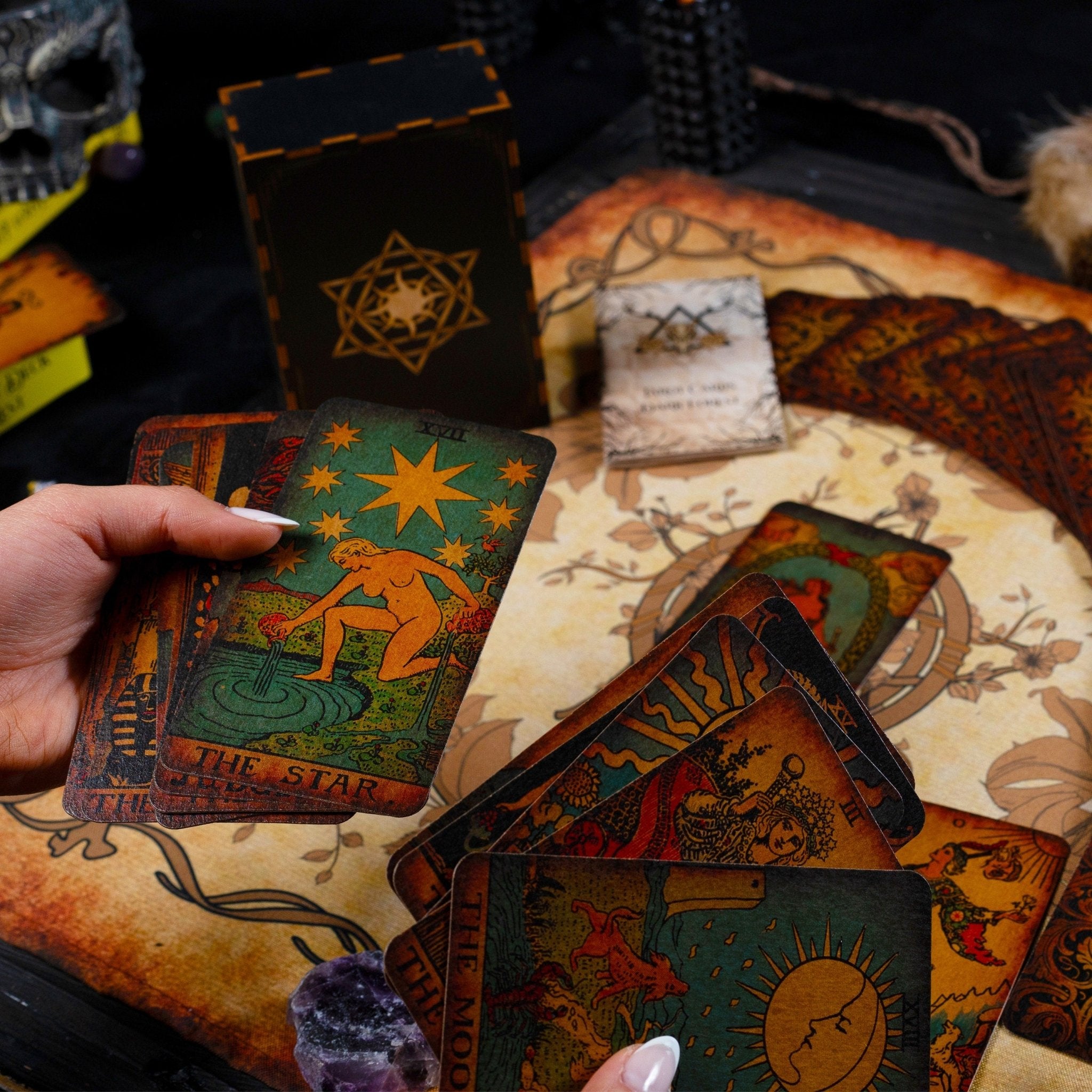 Vintage Set Craft Cardboard Borderless Tarot Deck featuring 78 beautifully designed cards with a dark antique aesthetic and a guidebook.