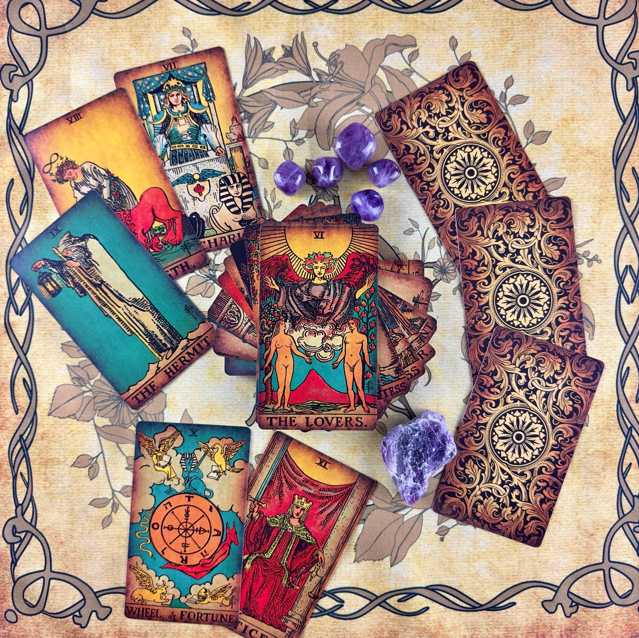 Luxurious vintage tarot cloth made of silk, featuring an elegant design and ample space for tarot card spreads.