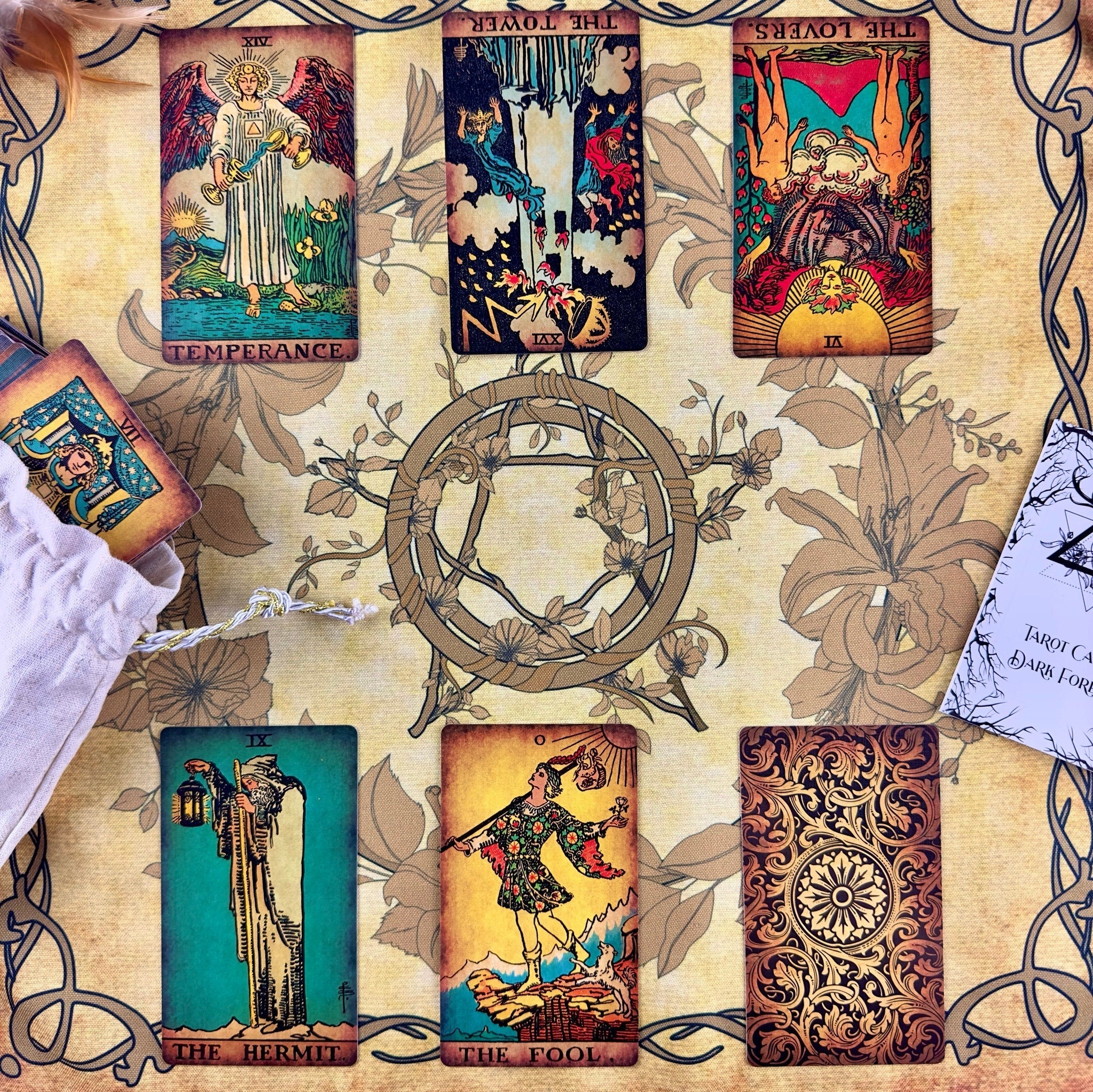 Luxurious vintage tarot cloth made of silk, featuring an elegant design and ample space for tarot card spreads.