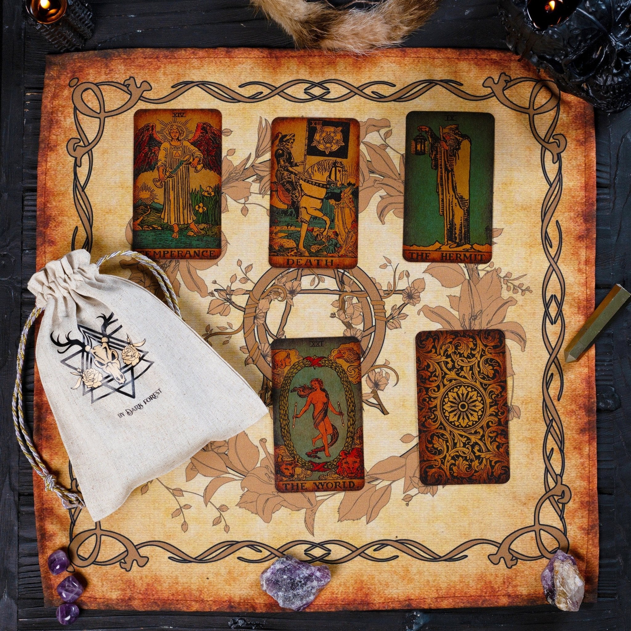 Luxurious vintage tarot cloth made of silk, featuring an elegant design and ample space for tarot card spreads.