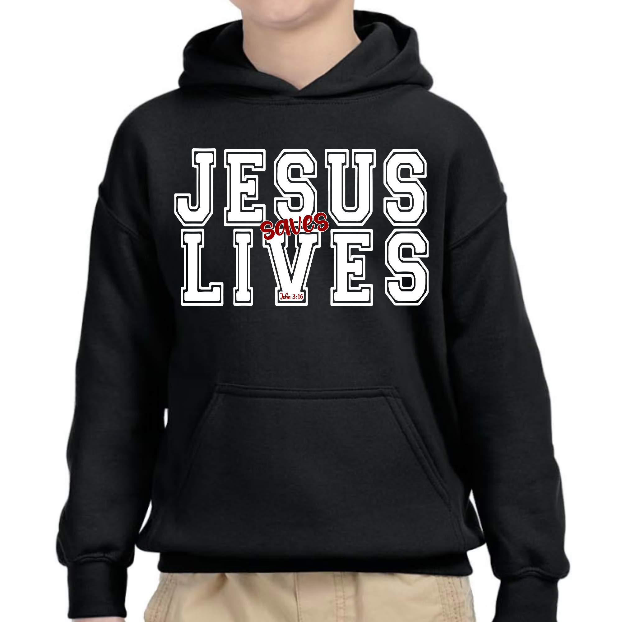 Youth long sleeve hoodie in white with red Jesus Saves Lives illustration, showcasing a comfortable and stylish design.