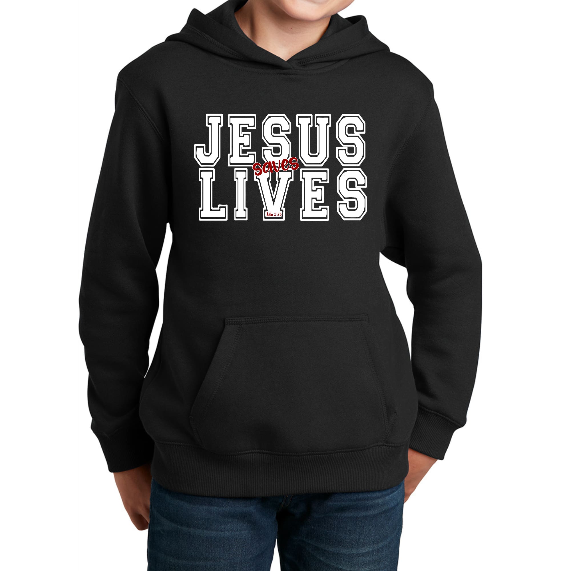 Youth long sleeve hoodie in white with red Jesus Saves Lives illustration, showcasing a comfortable and stylish design.