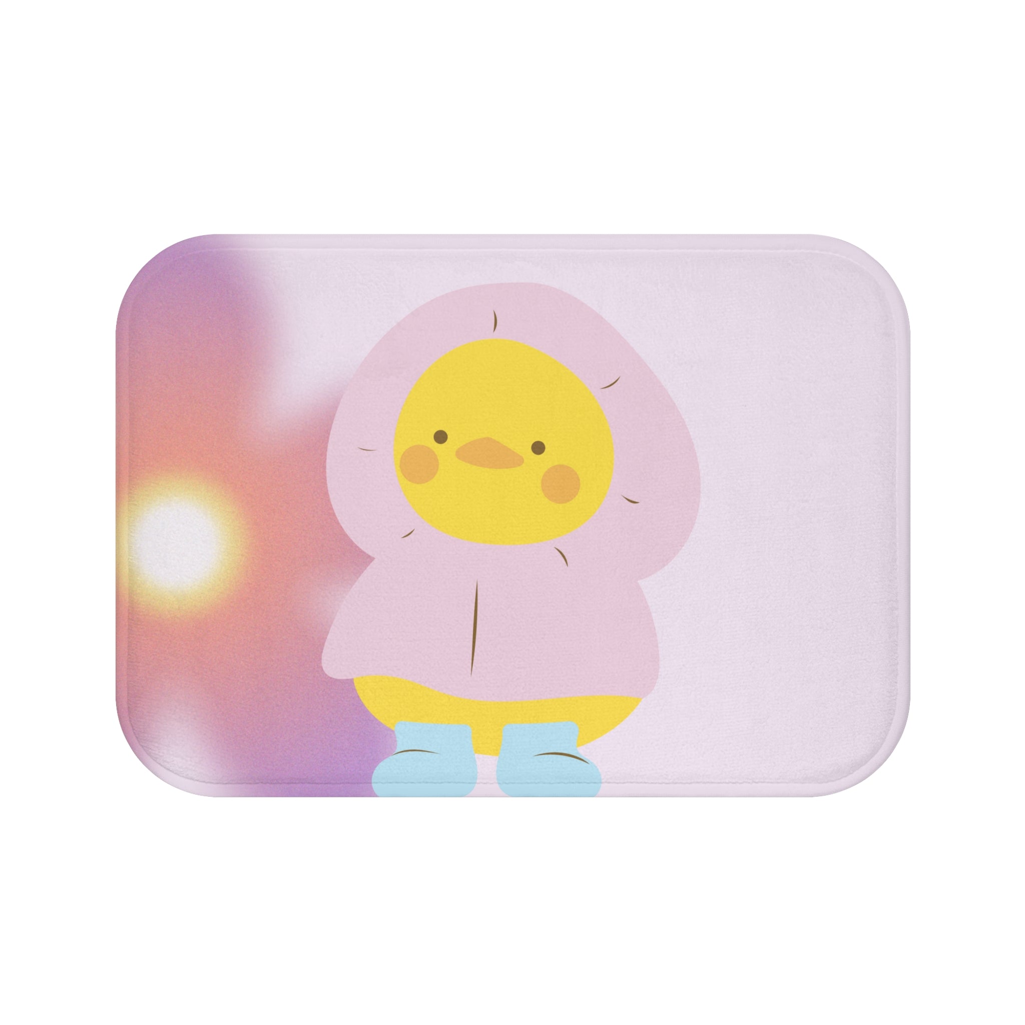 A cute bath mat featuring an adorable baby duck wearing a raincoat, designed for safety with anti-slip backing.