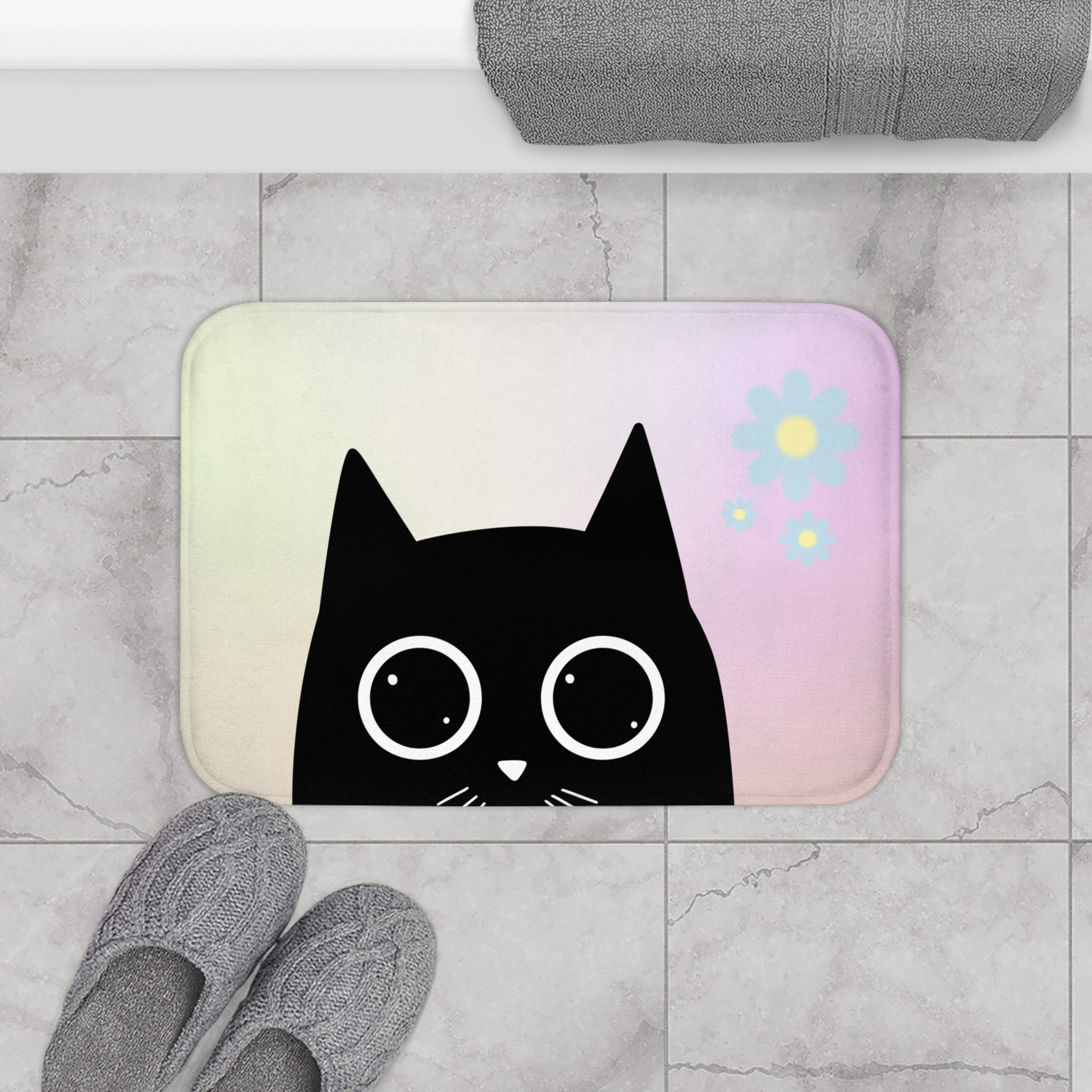 Adorable Cat Anime Bath Mat featuring vibrant cat illustrations and anti-slip backing, perfect for bathroom decor.