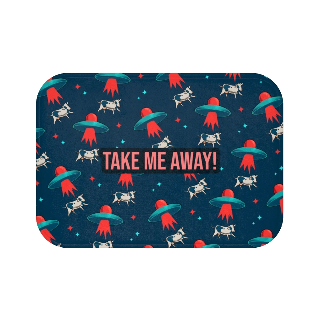 Aliens & Cows Bath Mat featuring playful designs and anti-slip backing, perfect for bathroom decor.