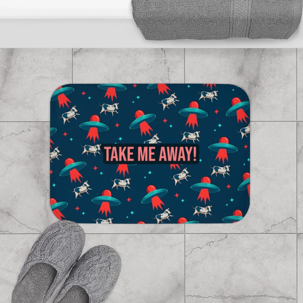 Aliens & Cows Bath Mat featuring playful designs and anti-slip backing, perfect for bathroom decor.