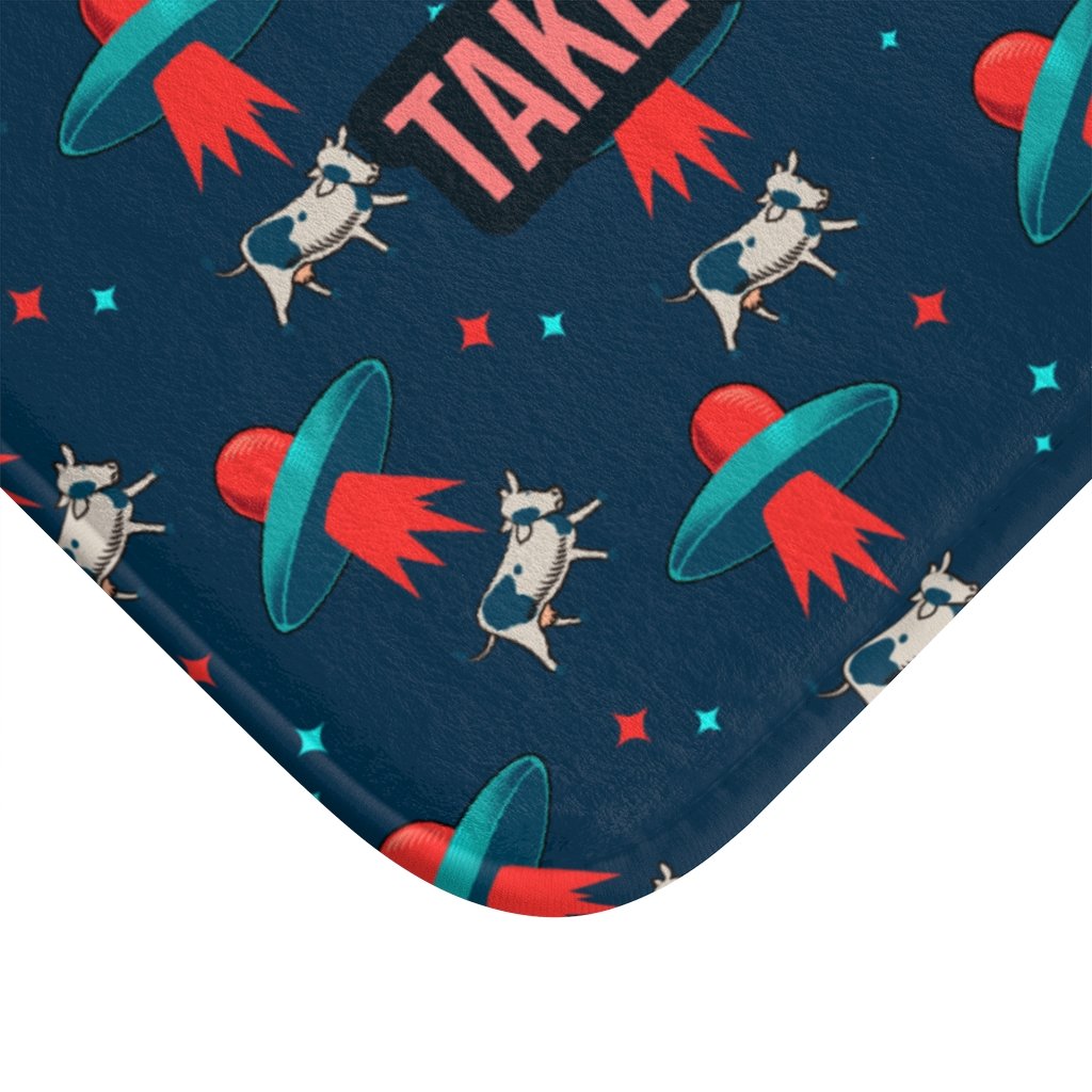 Aliens & Cows Bath Mat featuring playful designs and anti-slip backing, perfect for bathroom decor.