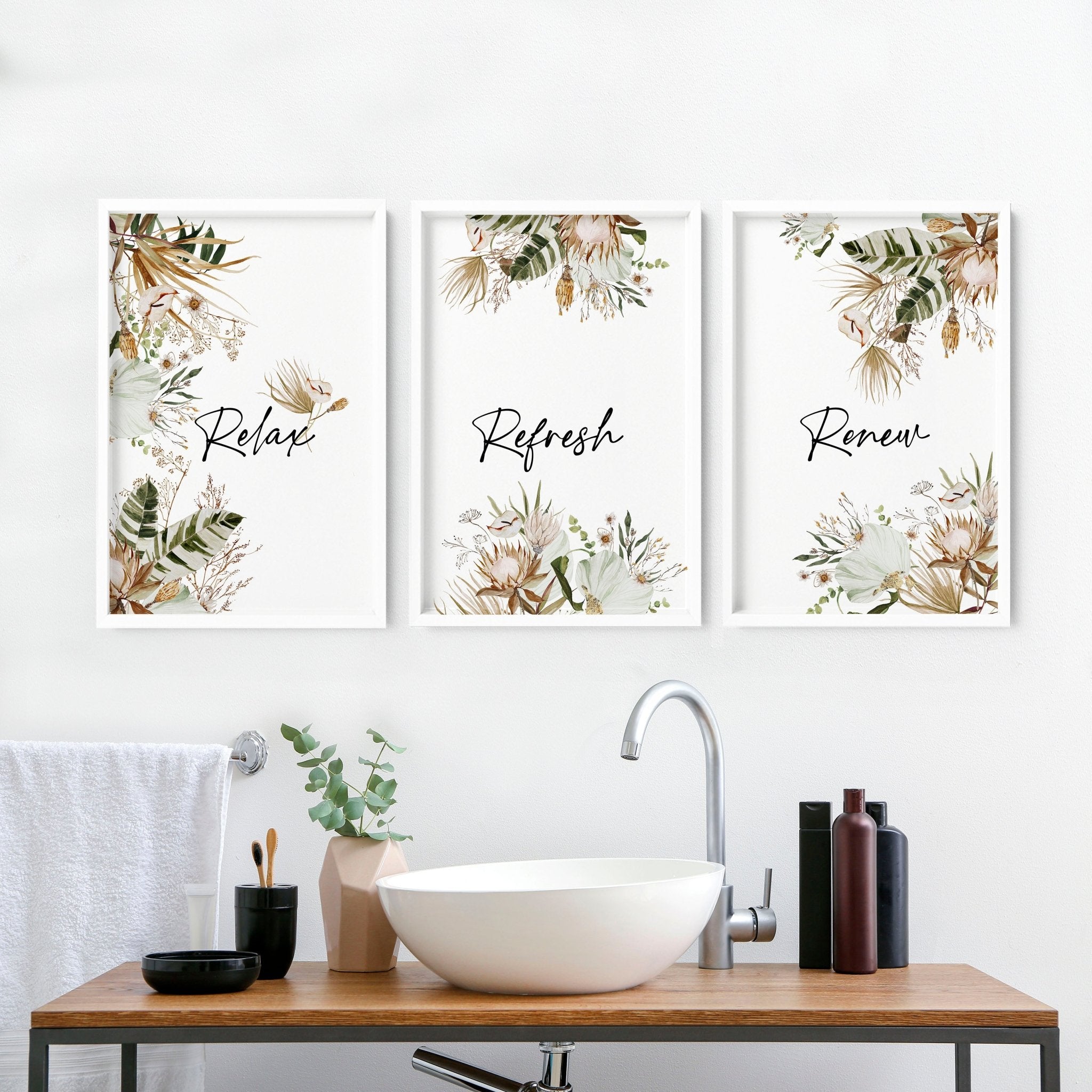 Set of 3 Bohemian botanical wall art prints for bathroom decor featuring intricate floral designs in earthy tones.