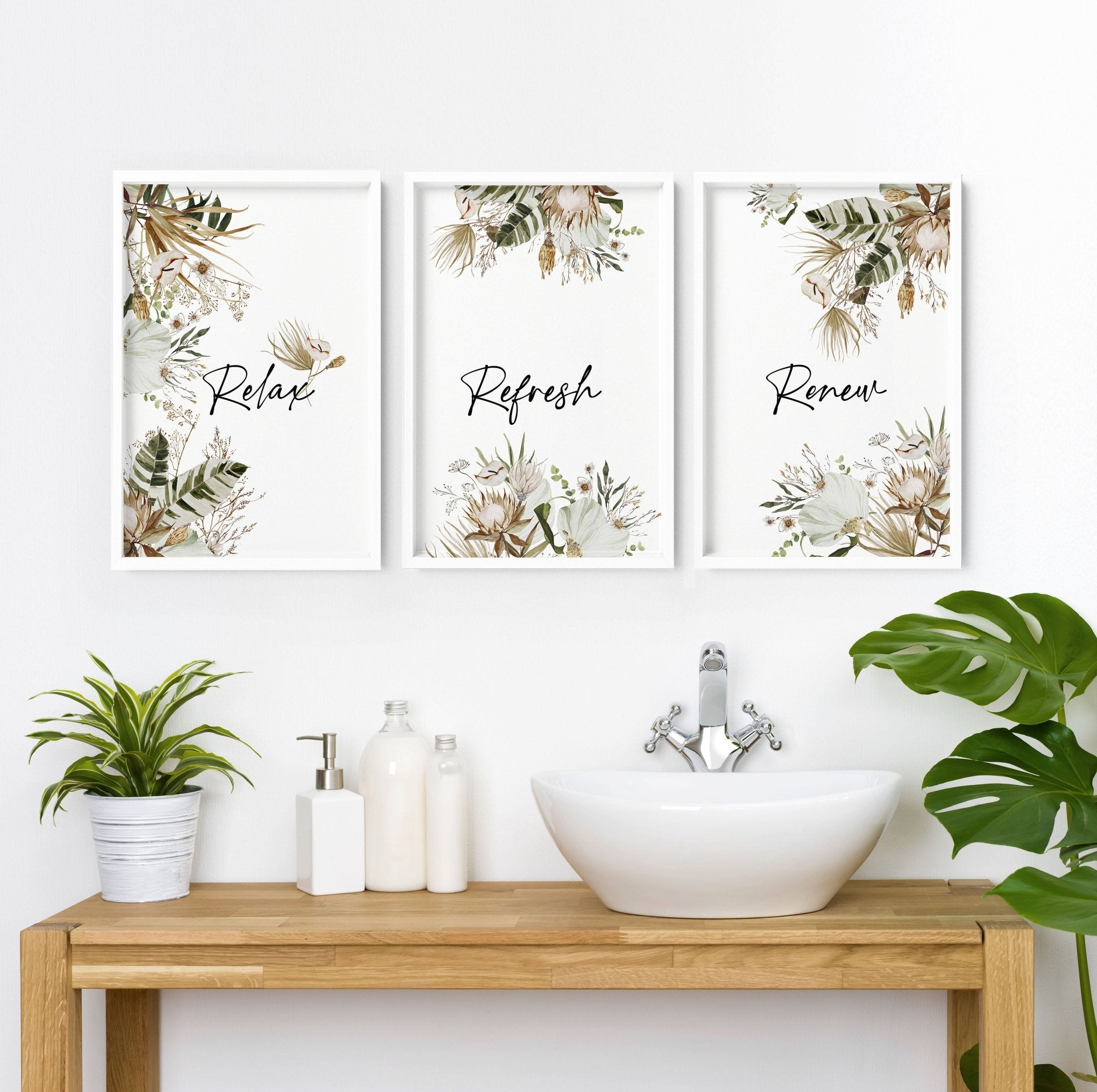 Set of 3 Bohemian botanical wall art prints for bathroom decor featuring intricate floral designs in earthy tones.