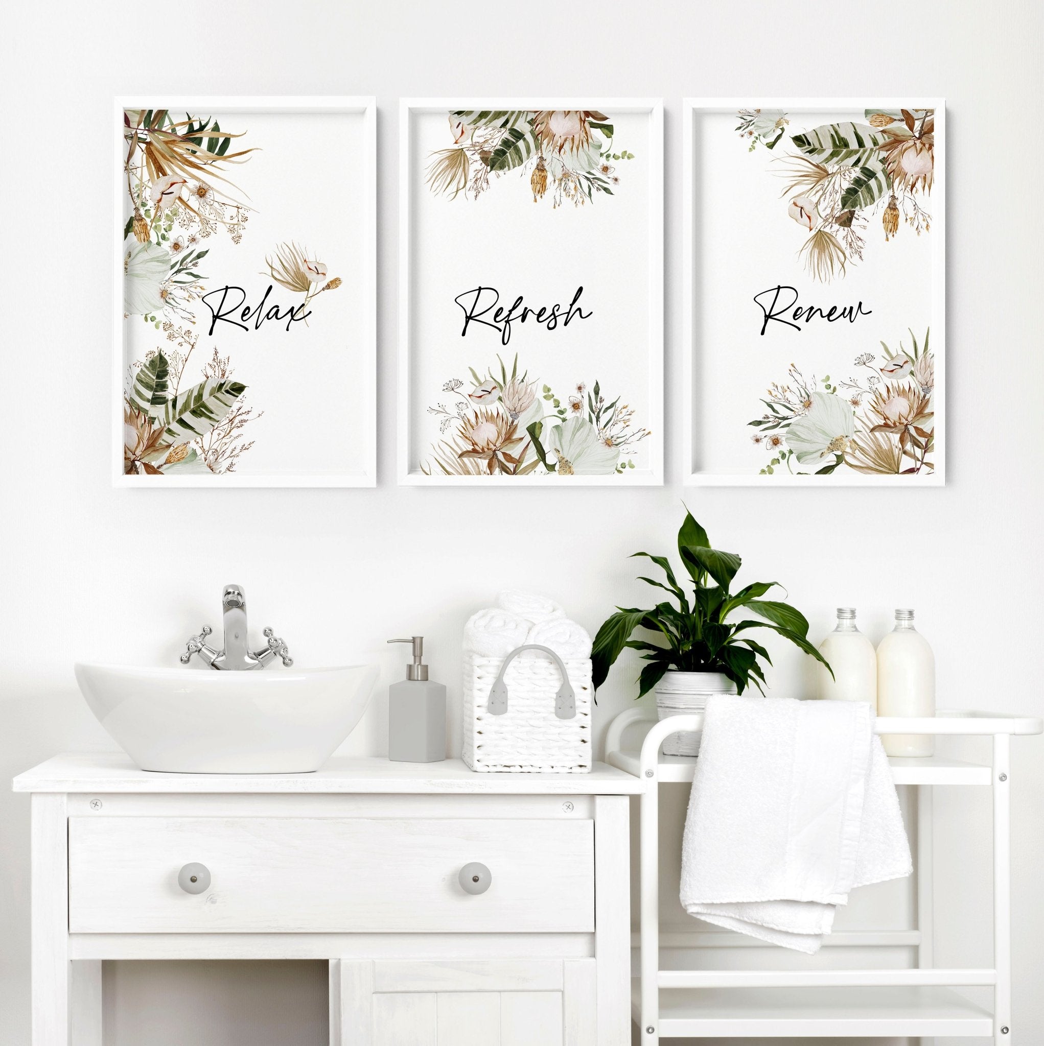 Set of 3 Bohemian botanical wall art prints for bathroom decor featuring intricate floral designs in earthy tones.