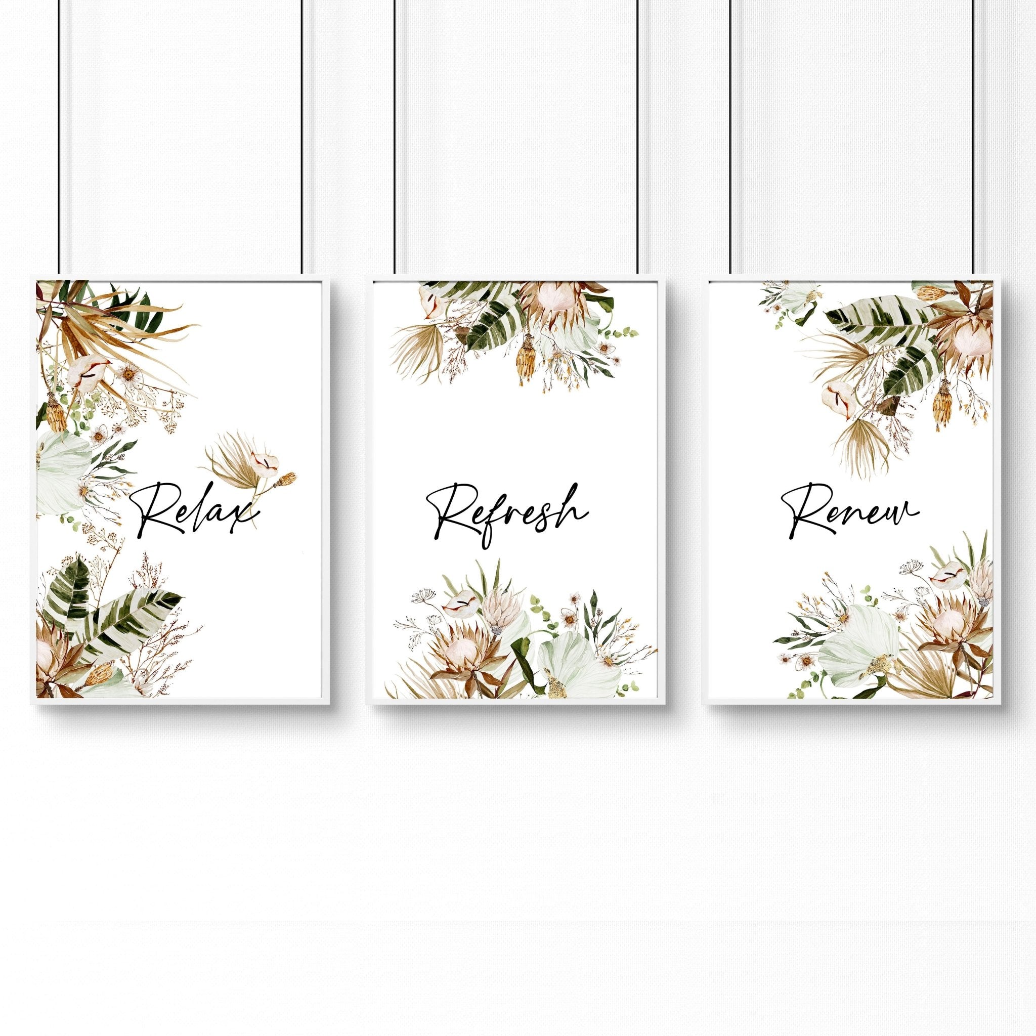 Set of 3 Bohemian botanical wall art prints for bathroom decor featuring intricate floral designs in earthy tones.